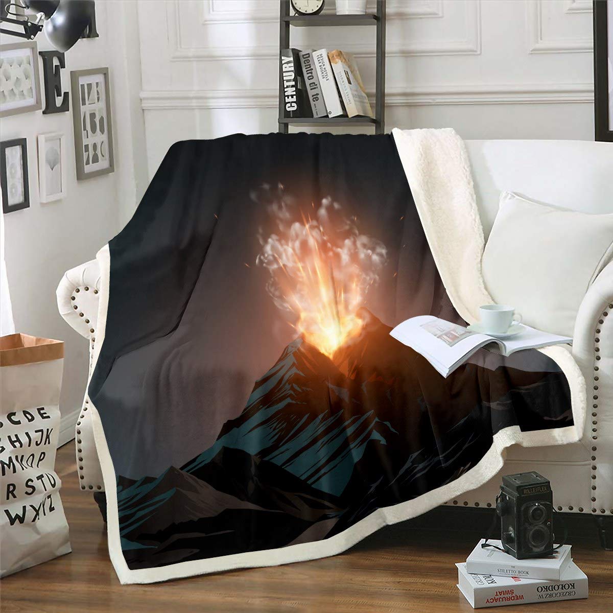 Volcano Eruption Sherpa Fleece Throw Blanket - 30x40 Inch Soft Plush Landscape Painting Blanket for Kids, Boys & Girls - Perfect for Bedroom, Sofa, and Outdoor Adventures