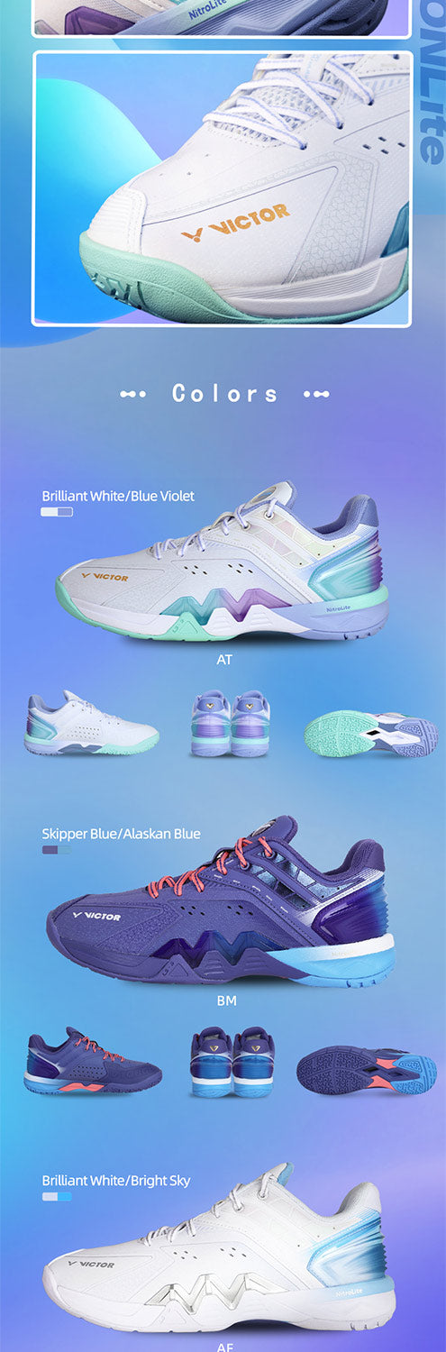 Victor P8500NLITE AT Badminton Shoes for Men & Women - Lightweight Non-Marking Indoor Court Shoes with Cushioning - Brilliant White/Blue Violet - Perfect for Badminton, Tennis, Squash & Indoor Sports