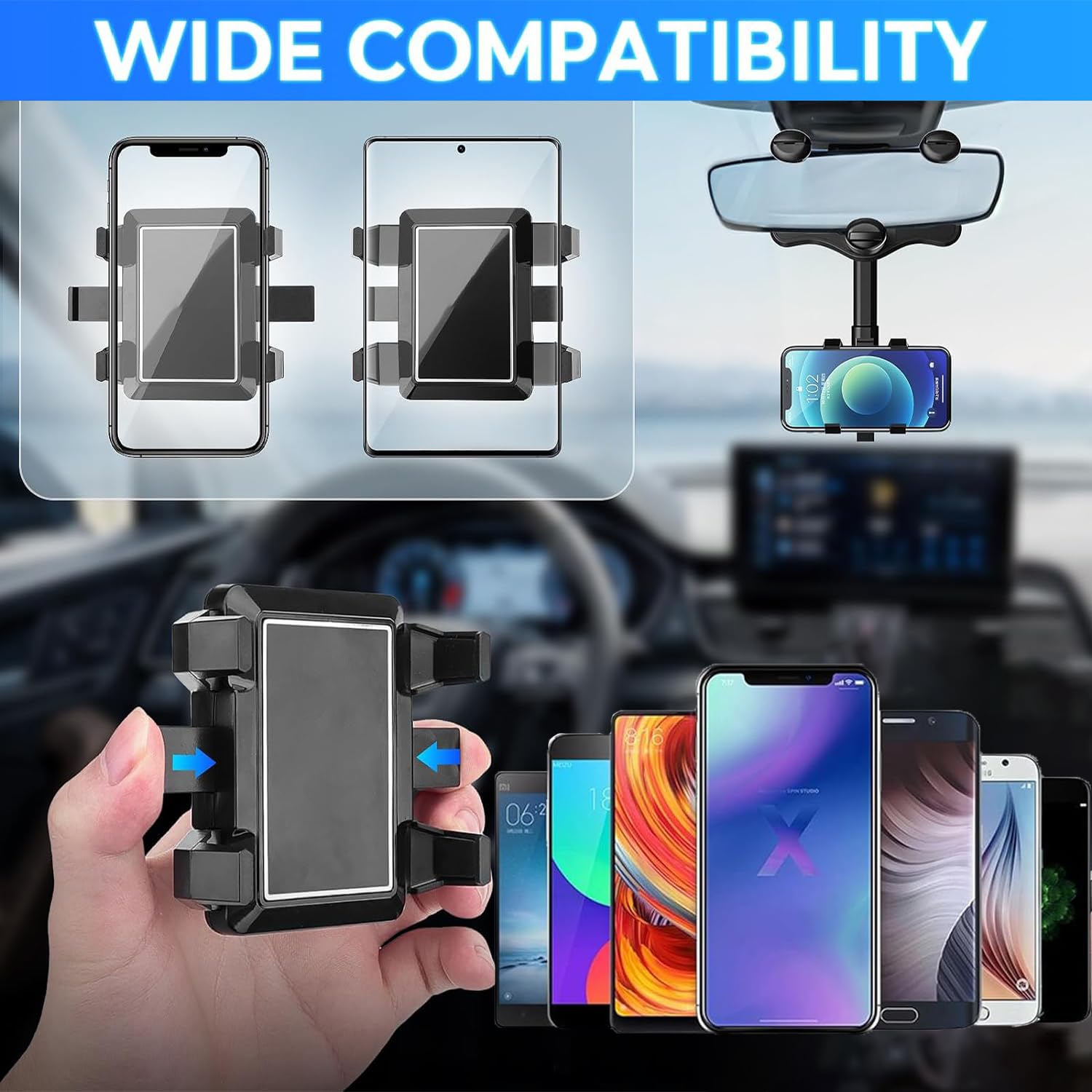 360° Rotatable & Retractable Car Phone Mount - Universal Rear View Mirror Holder Compatible with iPhone 15/14/13/12/11 Pro Max, Samsung Galaxy & All Smartphones - Perfect for GPS Navigation, Hands-Free Calls & Road Trip Safety