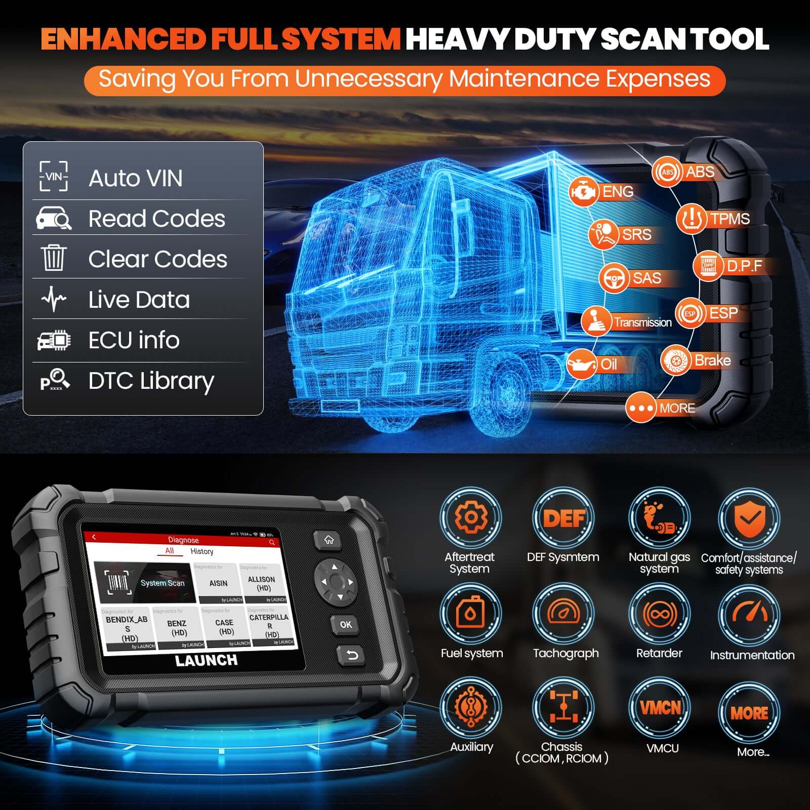 LAUNCH CRP129 HD Elite Heavy Duty Truck Full System Scanner with 7 Resets - Professional OBD2 Diagnostic Tool for Diesel & Gas Engines - Perfect for Mechanics & DIY Auto Repairs