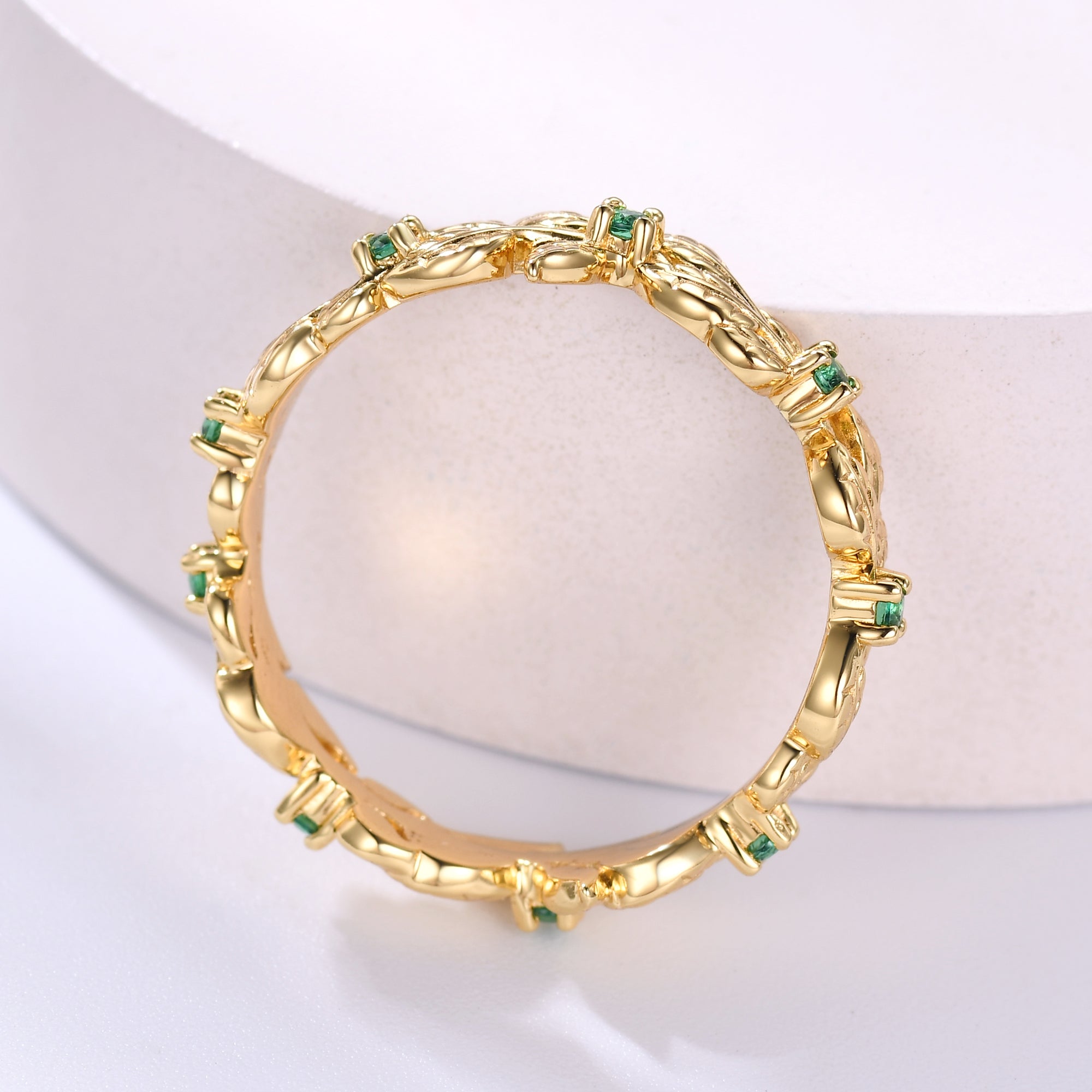 Natural Emerald Green Wedding Band - 14K Yellow Gold Floral Full Eternity Ring for Women | Elegant Bridal Jewelry, Anniversary Gift & Special Occasion Ring