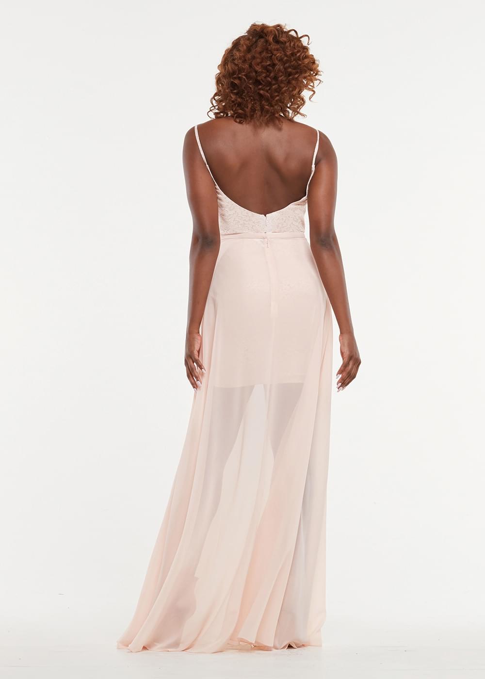 Elegant 80161 Tea Length Lace Bridesmaid Dress with Detachable Chiffon Skirt - Perfect for Weddings, Formal Events & Special Occasions