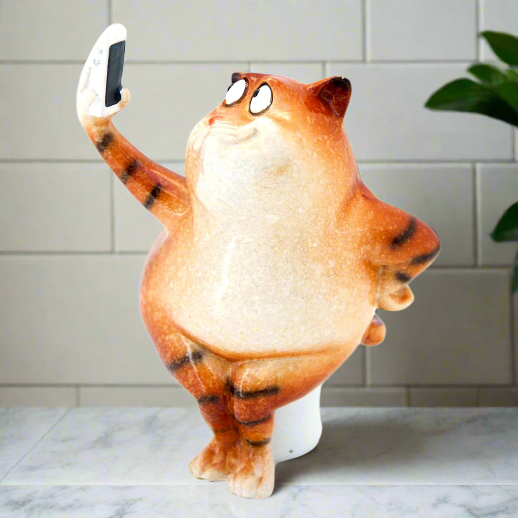 Funny Ginger Fat Cat Taking Selfie on Toilet Ceramic Pen Holder - Cute Desk Organizer for Office, Home & Gift Giving
