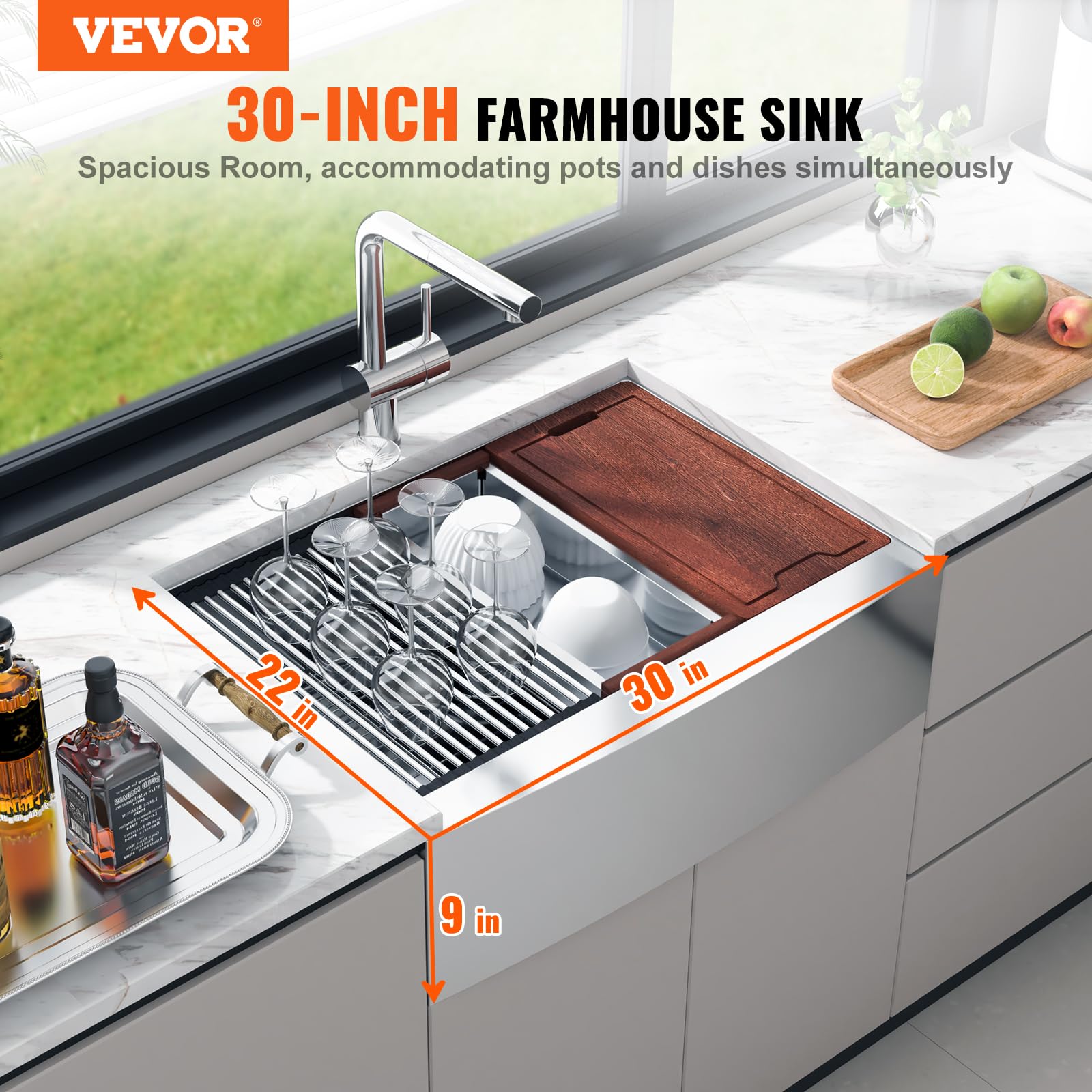 VEVOR 30 Inch Farmhouse Kitchen Sink - 304 Stainless Steel Top Mount Single Bowl with Drainboard & Accessories - Perfect for Workstation, Prep Kitchen, Bar, and Dishwashing - Durable Drop-In Sink for Modern & Rustic Home Decor