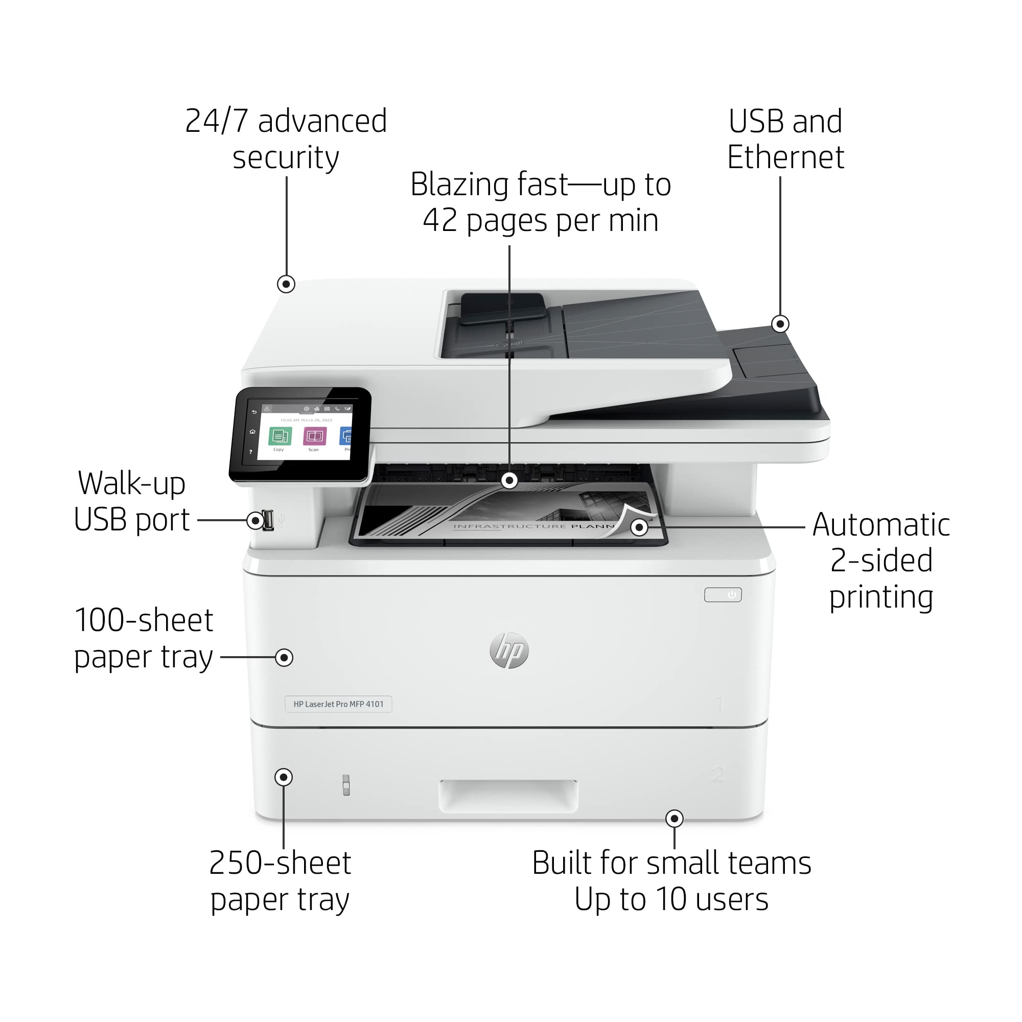 HP LaserJet Pro MFP 4101fdn Wireless All-in-One Laser Printer with Fax, Scan, Copy - High-Speed Black & White Printing (Renewed) - Perfect for Home Office & Small Business Document Management