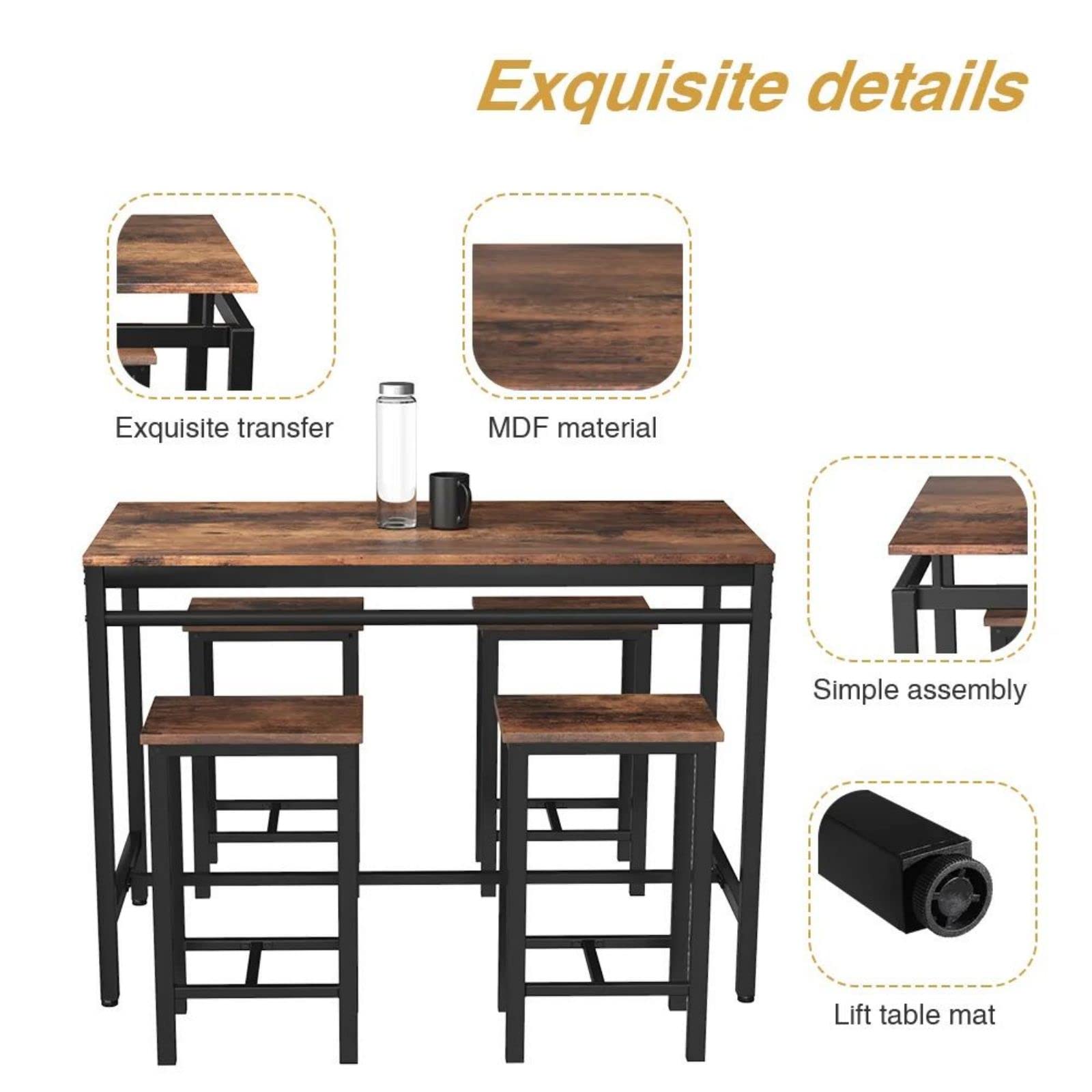 Modern 5-Piece Industrial Bar Height Dining Table Set for 4 - Kitchen & Pub Table with 4 Chairs - Space-Saving Breakfast Nook & Small Space Solution - Perfect for Apartments, Condos & Cozy Dining Areas