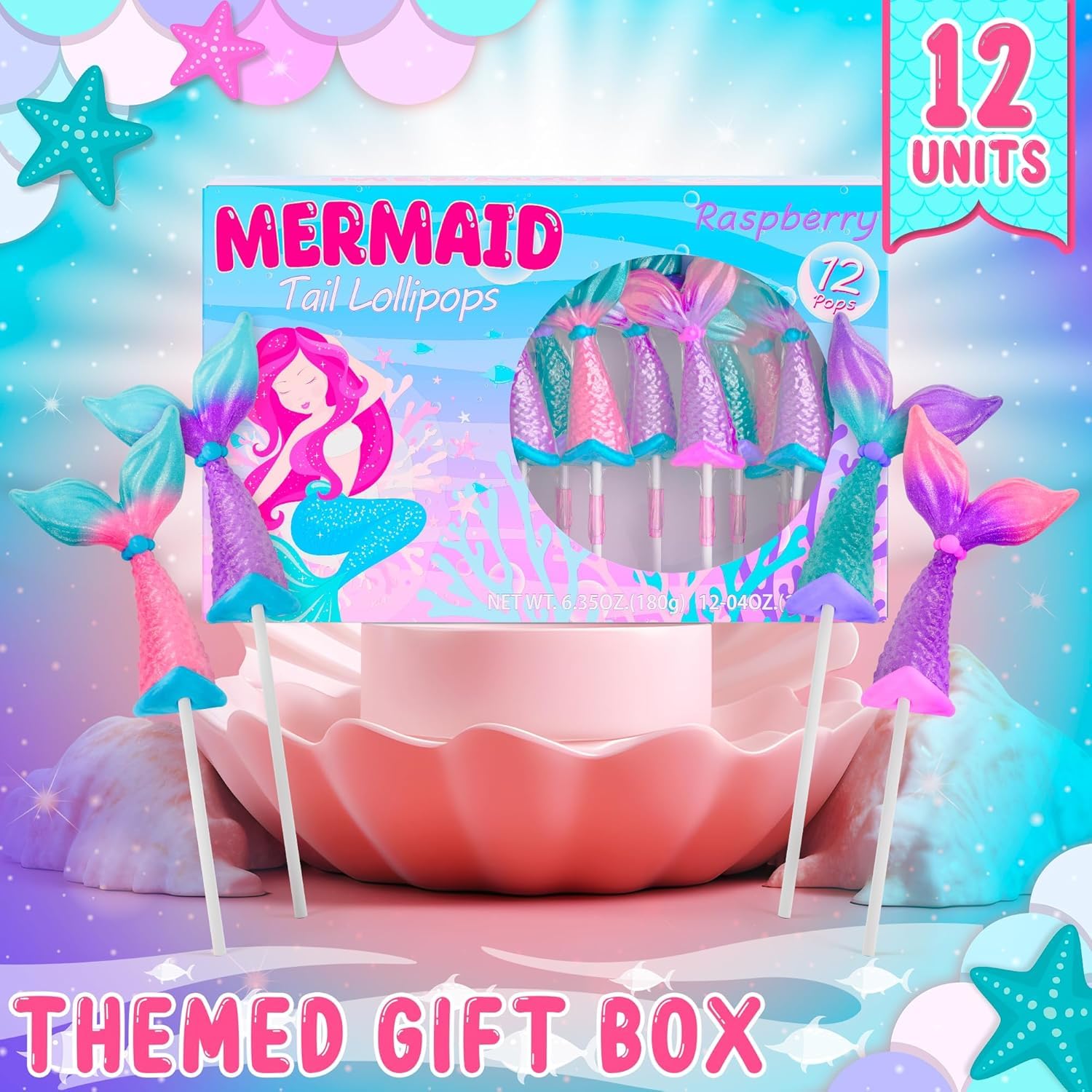 12-Pack Mermaid Candy Lollipops - Mermaid Tail Shaped Party Favors & Birthday Supplies - Sweet Mermaid Themed Snacks for Kids Parties, Baby Showers & Beach Events