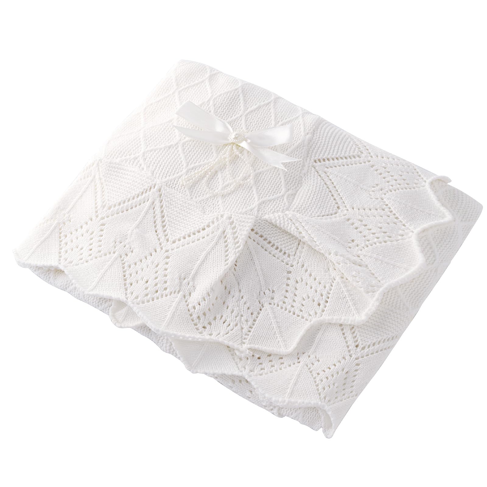 Booulfi Knit White Baby Blankets - Neutral Cotton Lace Crochet Crib & Stroller Blanket for Newborn Boys & Girls (38