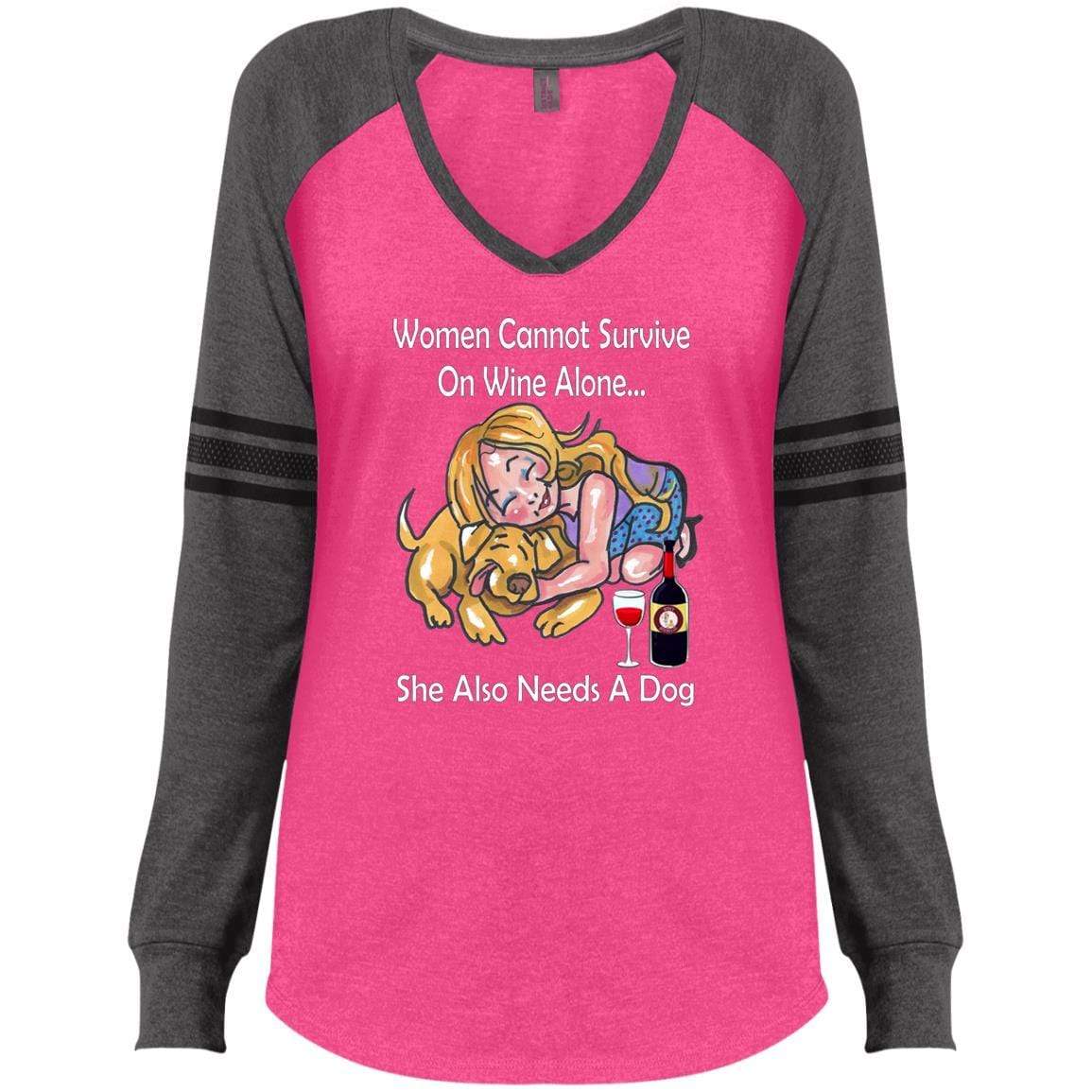 WineyBitches.co Women's Funny Graphic T-Shirt - 'Cannot Survive On Wine Alone' Slogan with White Lettering, V-Neck Long Sleeve Tee for Wine Lovers, Girls Night Out, Bachelorette Parties & Casual Wear