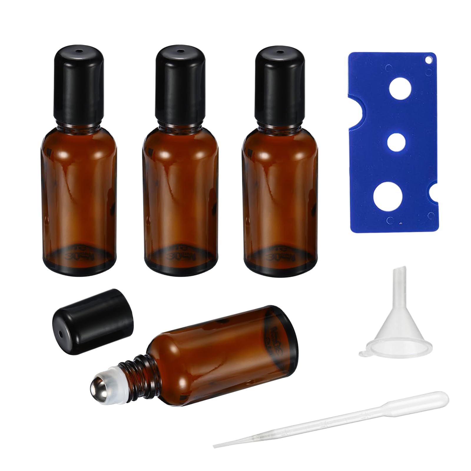 20ML Essential Oil Roller Bottles 4 Pack - Amber Glass Roll On Bottles with Stainless Steel Roller Balls for Perfume, Aromatherapy & DIY Blends - Includes Opener, Funnel & Dropper - Perfect for Travel, Gifts & Home Use