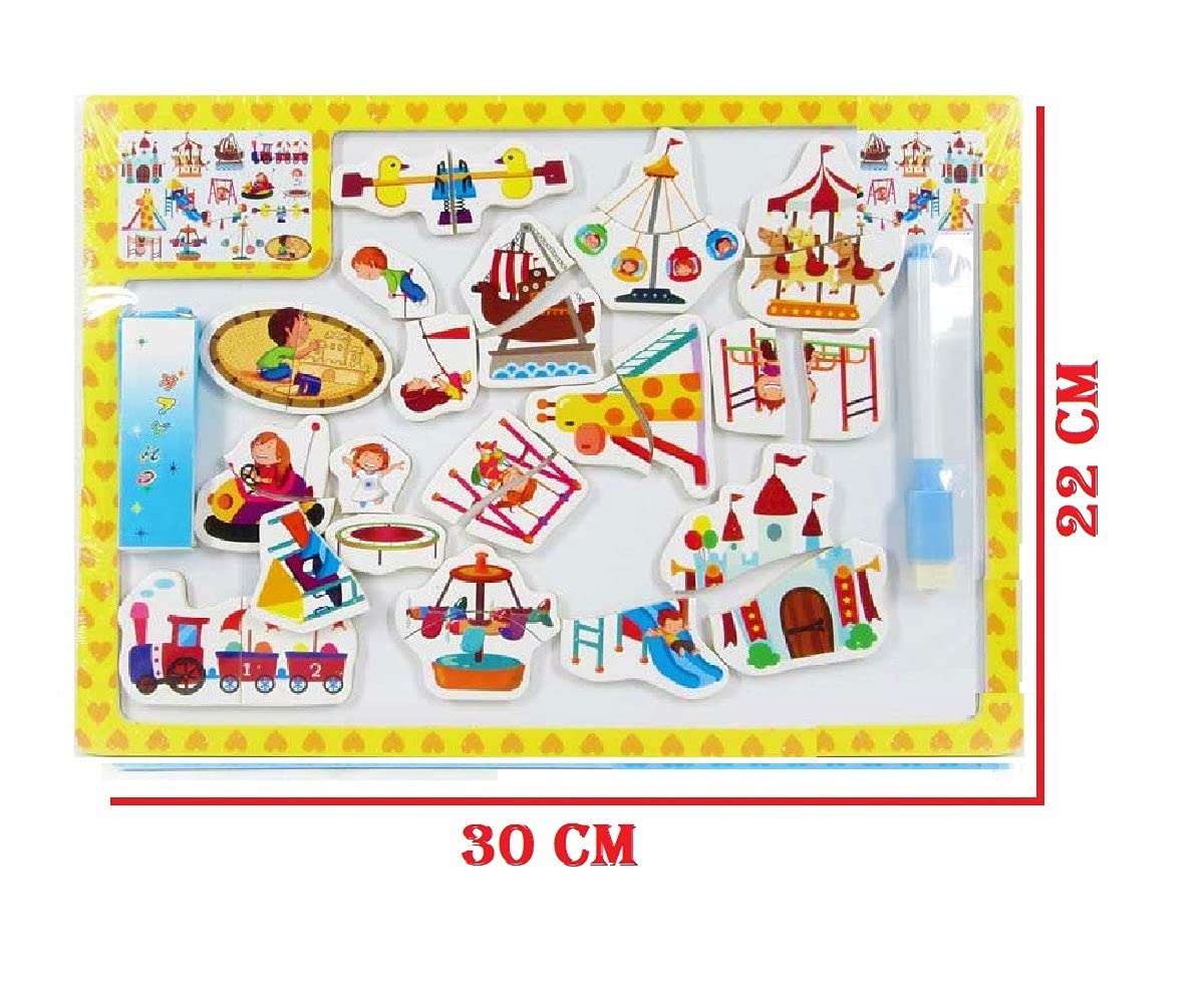 FunBlast Wooden Magnetic Amusement Park Puzzle - Educational STEM Toy for Kids Ages 3-8, Jigsaw Drawing Board with Chalk & Marker - Perfect for Preschool Learning, Birthday Gifts & Family Game Night