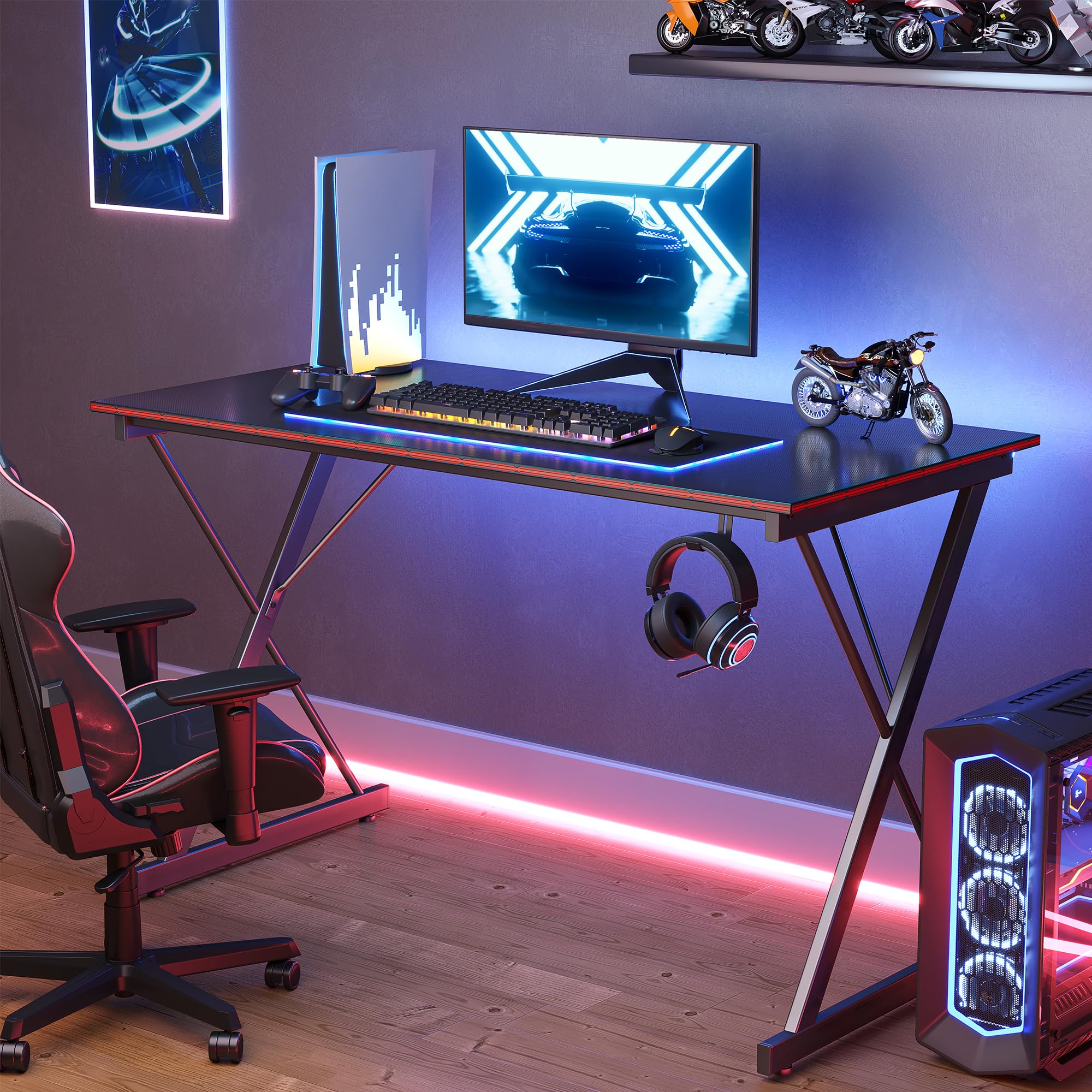 BANTI 40 Inch Large Gaming Desk with Headphone Hook - Sturdy Computer Desk for Home Office, Study & Workstation - Ergonomic Black Gaming Table for PC, Laptop & Console Gaming Setup