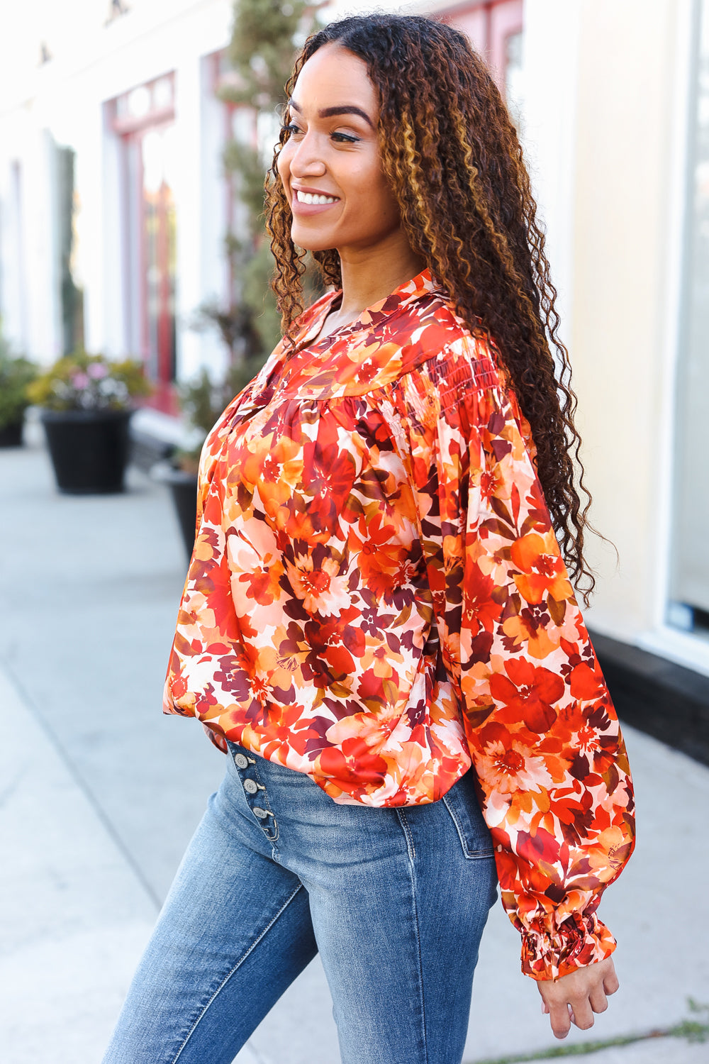 Fall Vibes Rust Floral Print Notched Neck Smocked Satin Blouse - Elegant Women's Tops for Autumn Outfits, Date Nights & Office Wear