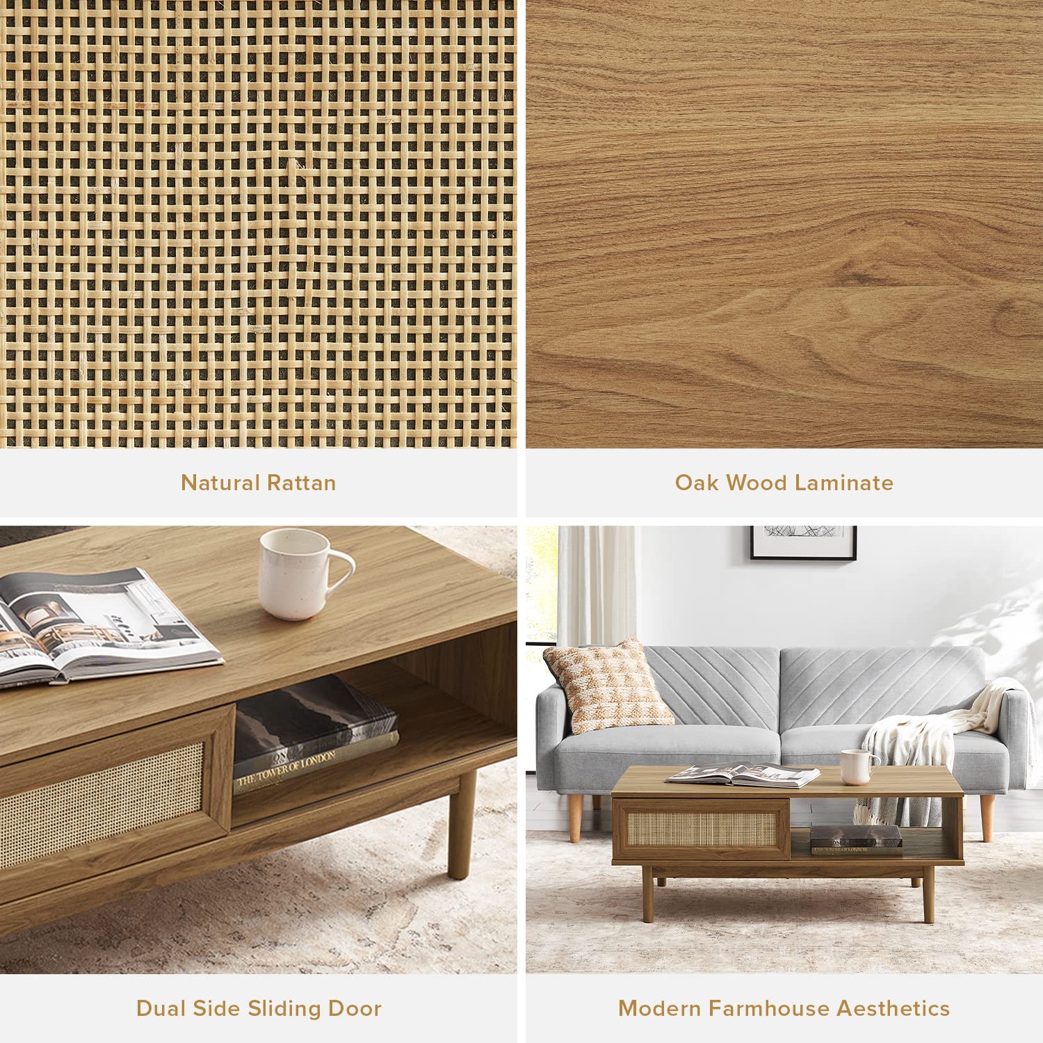 Haylee Coffee Table - Modern Boho Farmhouse Style Natural Rattan Living Room Table with Storage Shelf, Small Center Table for Living Room, Bedroom, or Office (Oak Finish) - Perfect for Coffee, Books, and Decor Display