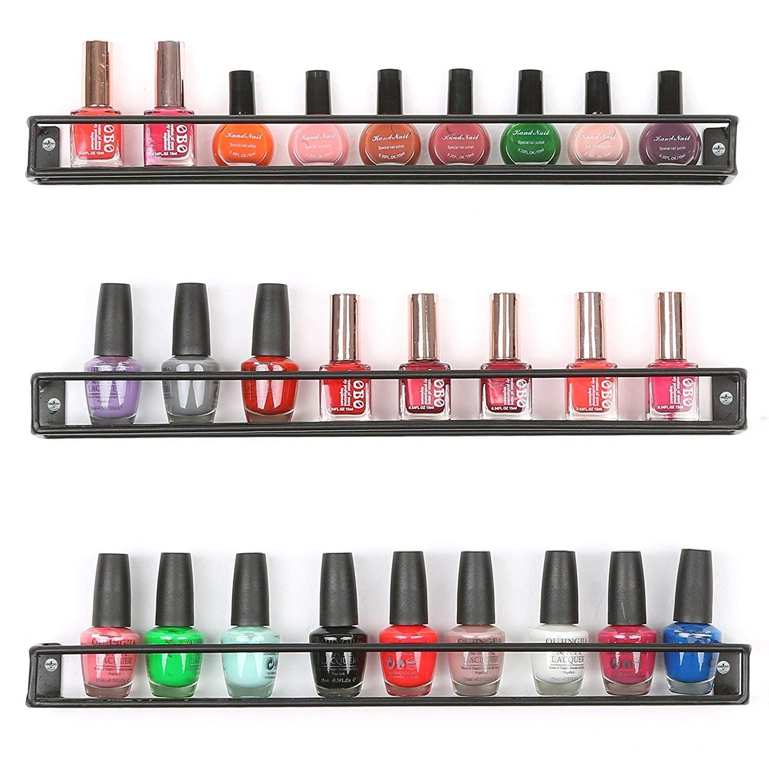 Black Metal Matte Wall Shelves for Nail Polish & Oils - Set of 3 | Bathroom & Vanity Organizer