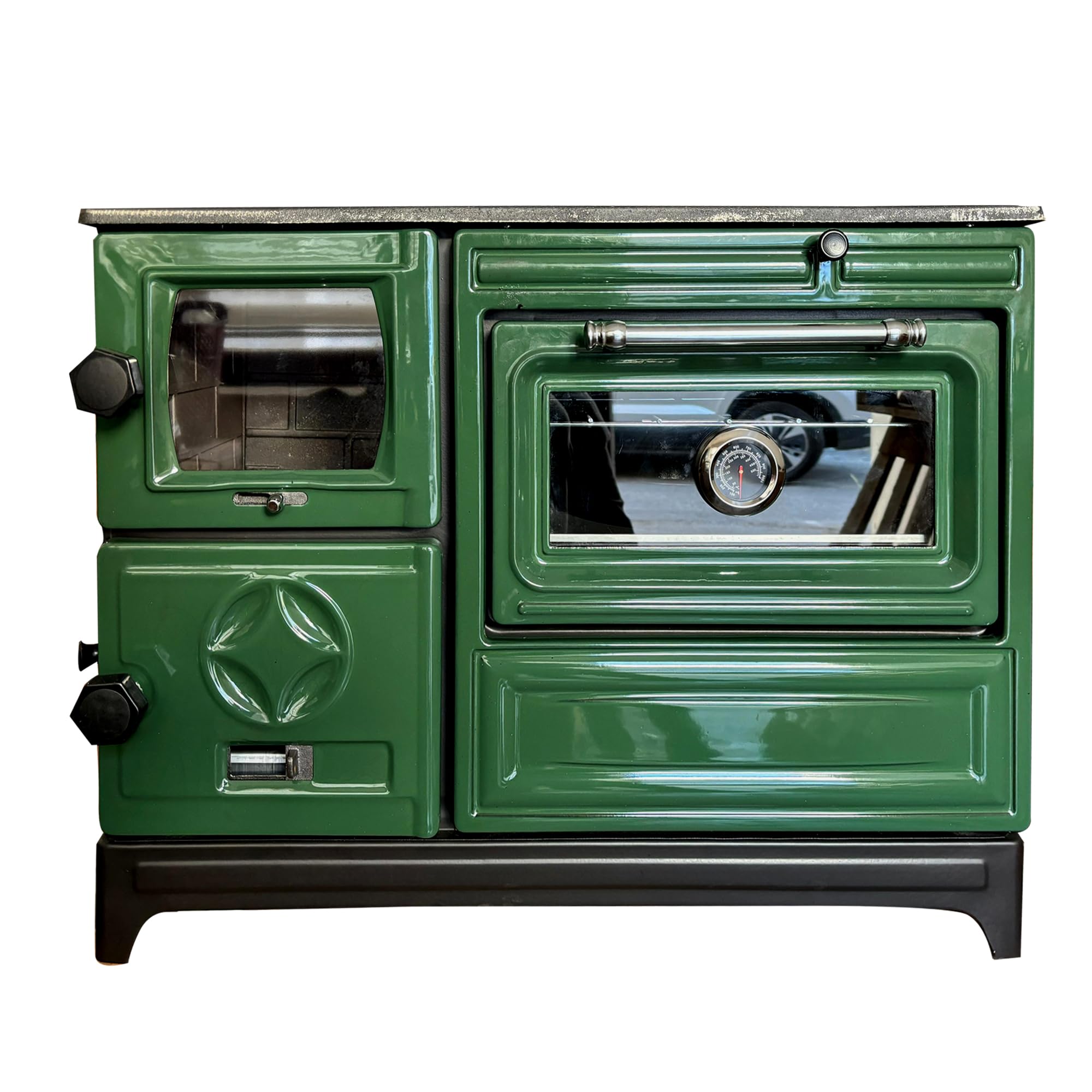 Vintage Green Cast Iron Wood Cook Stove with Oven - Efficient Wood Burning Stove Range for Kitchen & Cabin - Includes Built-in Thermometer - Perfect for Rustic Homes, Farmhouses & Off-Grid Living - Handcrafted in Turkey