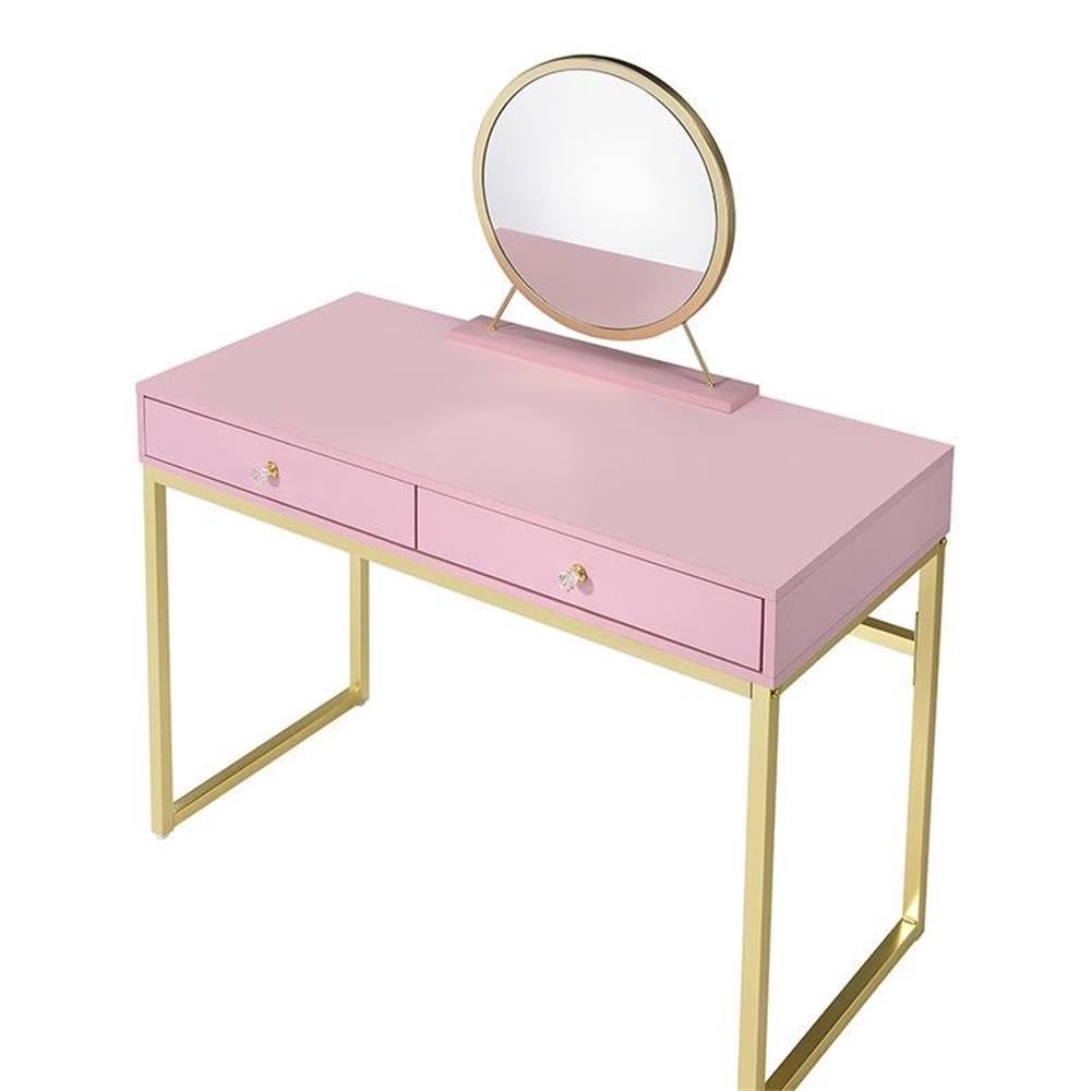 Acme Coleen 2-Drawer Wooden Vanity Desk with Jewelry Tray - Pink & Gold Finish | Perfect for Bedroom Makeup Organization & Jewelry Storage