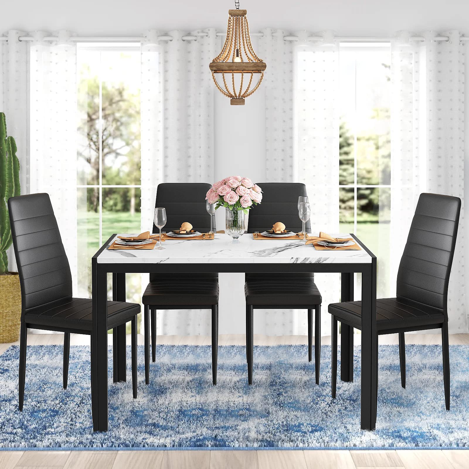 5-Piece Dining Table Set for 4 with Faux Marble Top & 4 PU Leather Chairs - Modern Kitchen & Dining Room Furniture for Small Spaces, Family Meals & Entertaining Guests