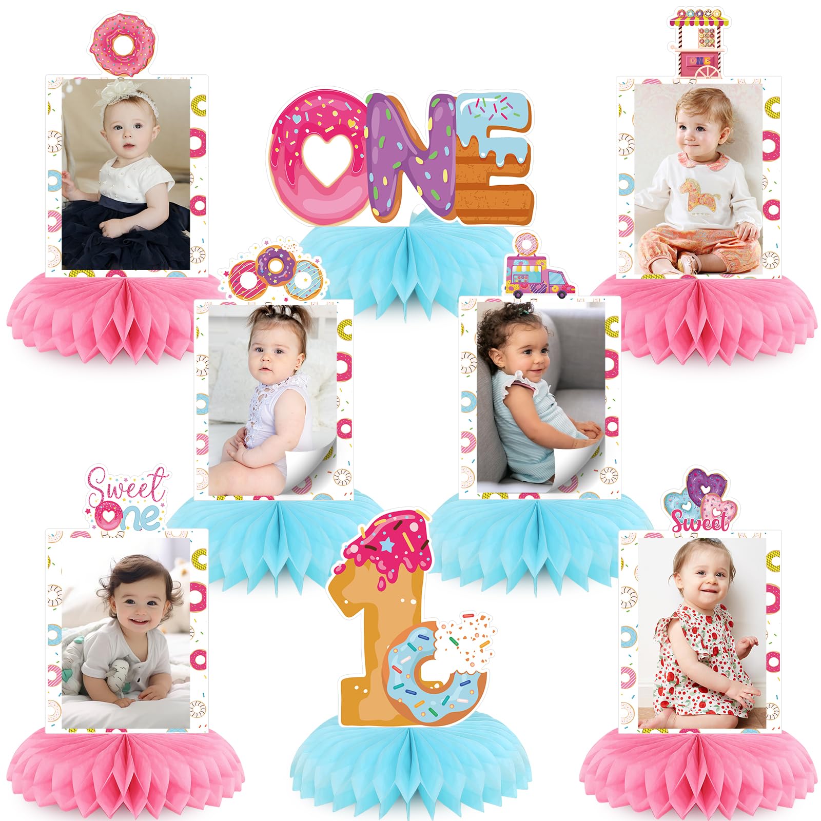 Sweet One Birthday Party Decorations Set - Honeycomb Donut Centerpieces for Tables, First Birthday Photo Backdrop & Party Supplies - Perfect for Girls' 1st Birthday, Baby Shower & Dessert-Themed Celebrations