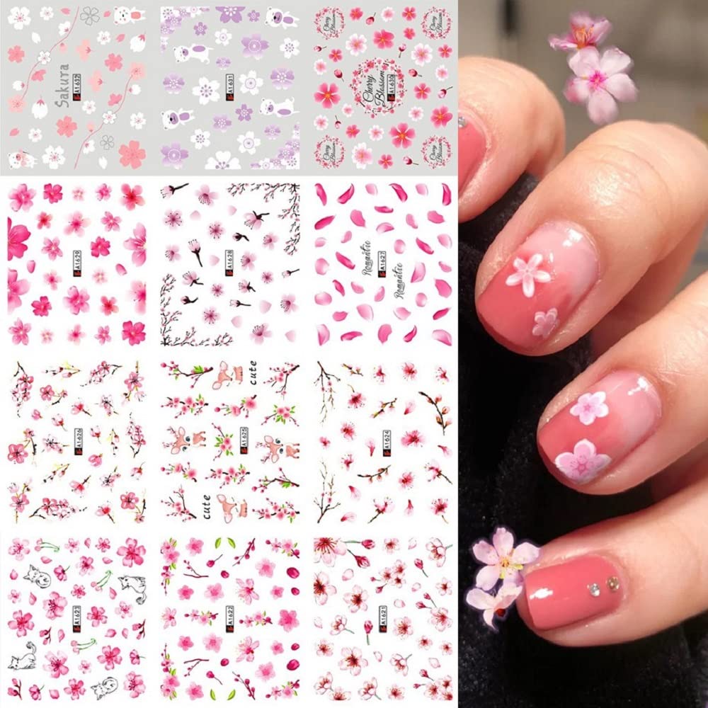 12 Sheets DIY Nail Art Water Transfer Decals - Pink Cherry Blossom Flower Nail Stickers & Tattoos for Women | At-Home Manicure, Salon Nail Design, Party Nail Art Accessories