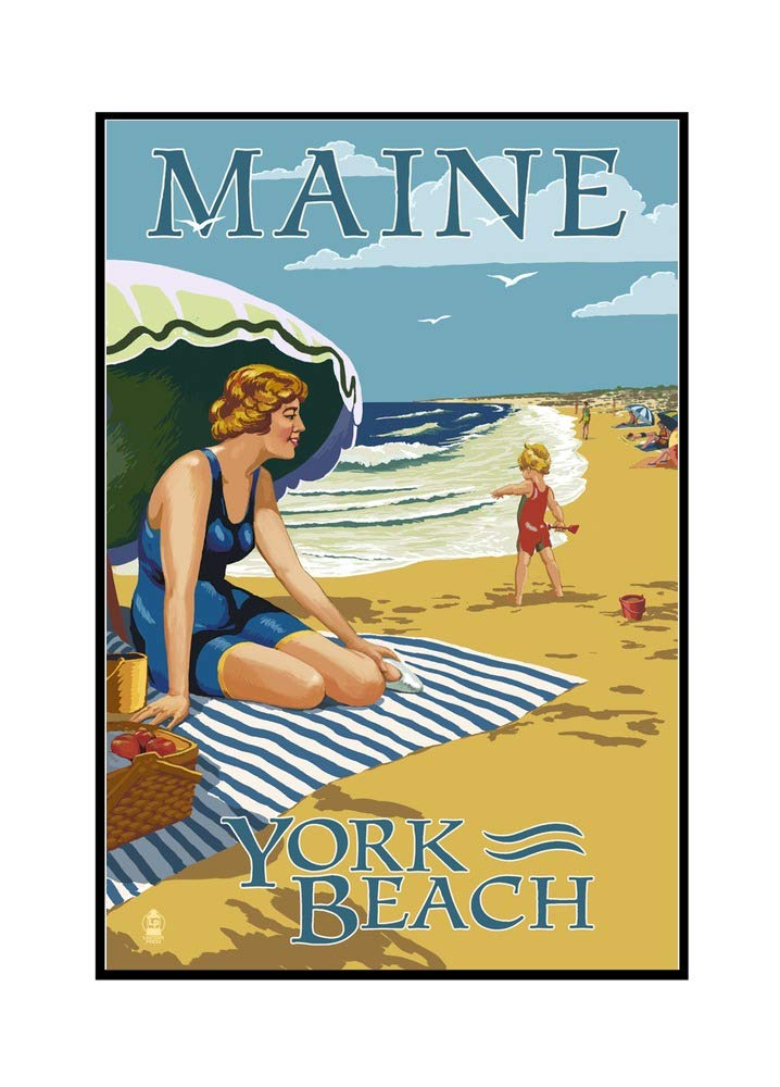 York Beach Maine Framed Canvas Wall Art - 24x36 Stretched Gallery Wrapped Beach Scene Painting for Living Room, Bedroom & Office Decor