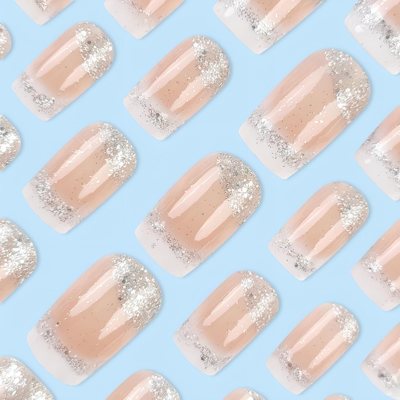 24pcs Silver Glitter French Press On Nails - Square White False Nails with Full Cover Design for Women | Perfect for Parties, Weddings & Special Occasions