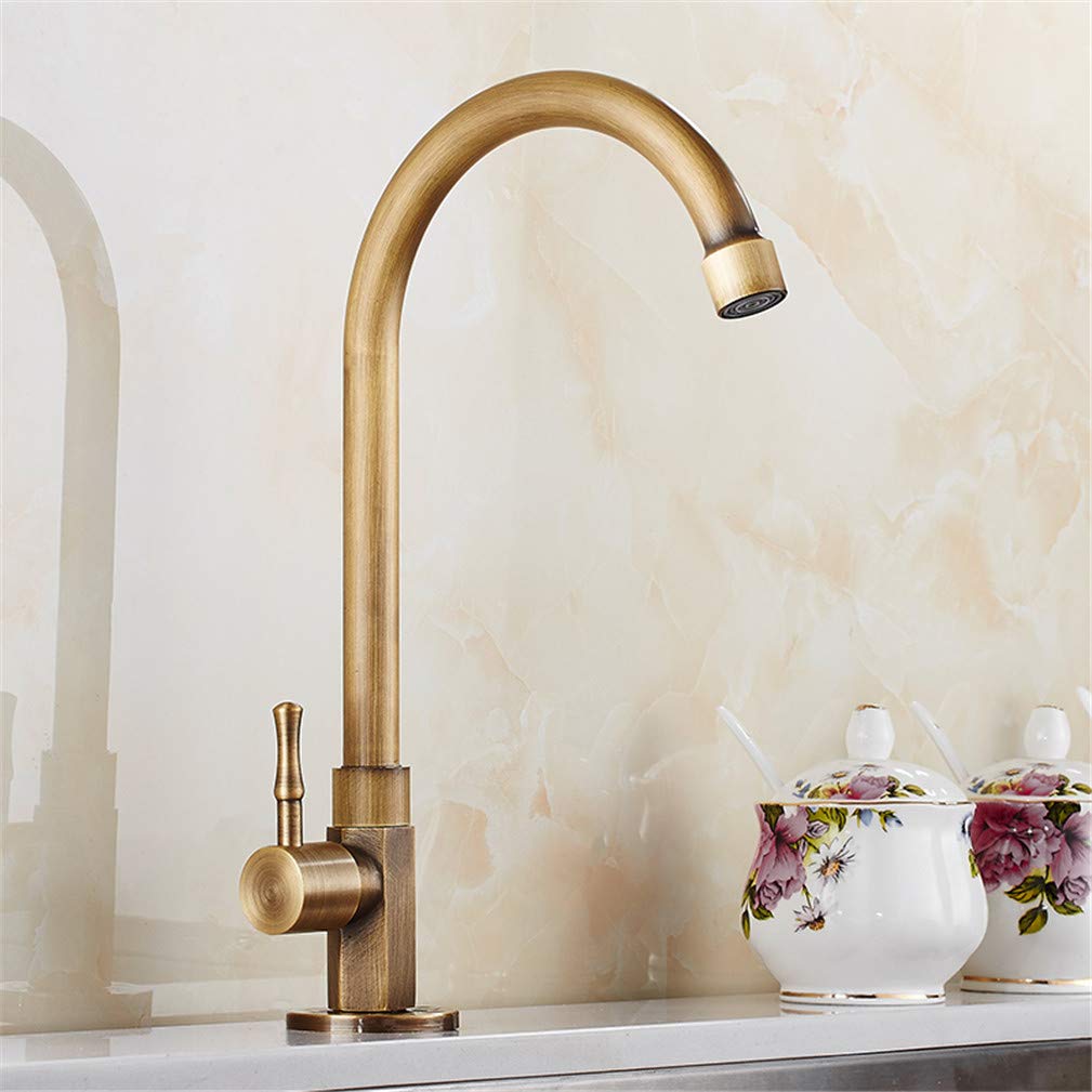 YAWEDA Antique Bronze Single Handle 360° Swivel Kitchen Faucet - Cold Water Only, Vintage Copper Finish for Classic & Modern Kitchen Sinks