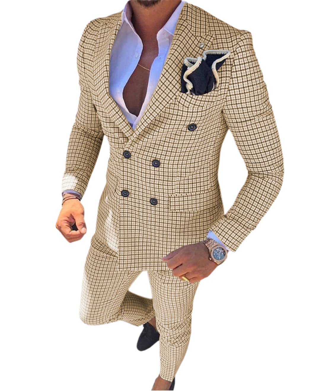 Men's Slim Fit Double Breasted Plaid Suit Set (Blazer + Pants) for Wedding, Groomsmen & Formal Occasions | 2-Piece Casual Business Attire for Office, Parties & Special Events
