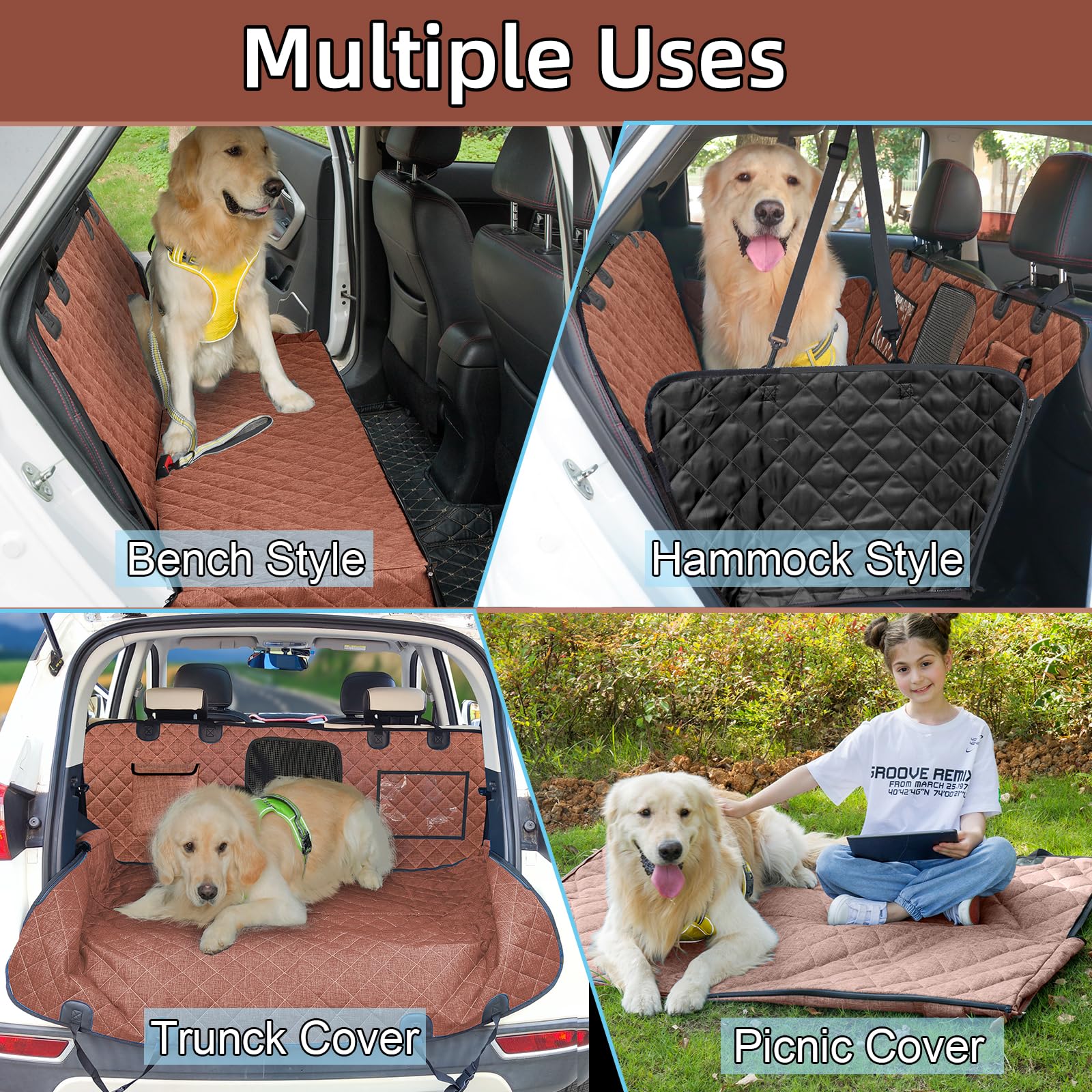 Waterproof Car Dog Hammock Back Seat Cover with Mesh Window, Nonslip Rubber Back, Washable Luxury Material, Big Storage Pocket for SUV/Sedan - Perfect for Travel & Daily Commute