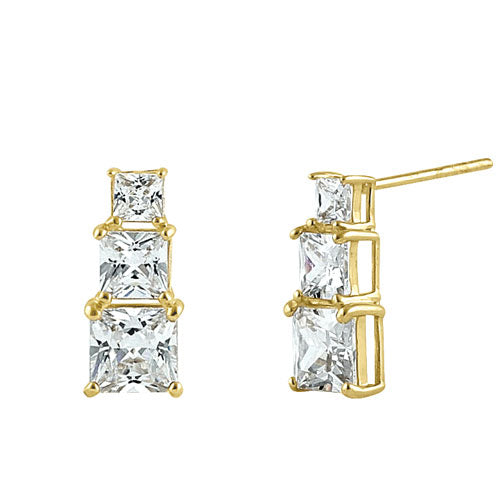 14K Yellow Gold Triple Princess Cut Cubic Zirconia Stud Earrings for Women | Elegant & Hypoallergenic Jewelry Gift for Brides, Party, Wedding & Everyday Wear