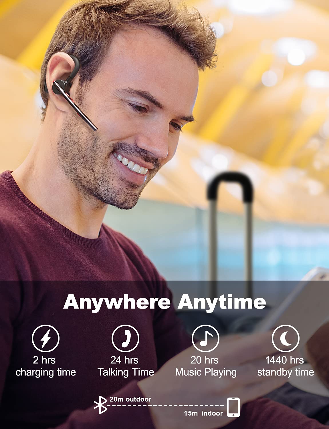 Wireless Bluetooth Earpiece V5.2 - Single Ear Lightweight Headset with 24H Talk Time, Noise Cancelling Mic for iPhone Android Laptop - Perfect for Driving, Office Calls & Online Meetings