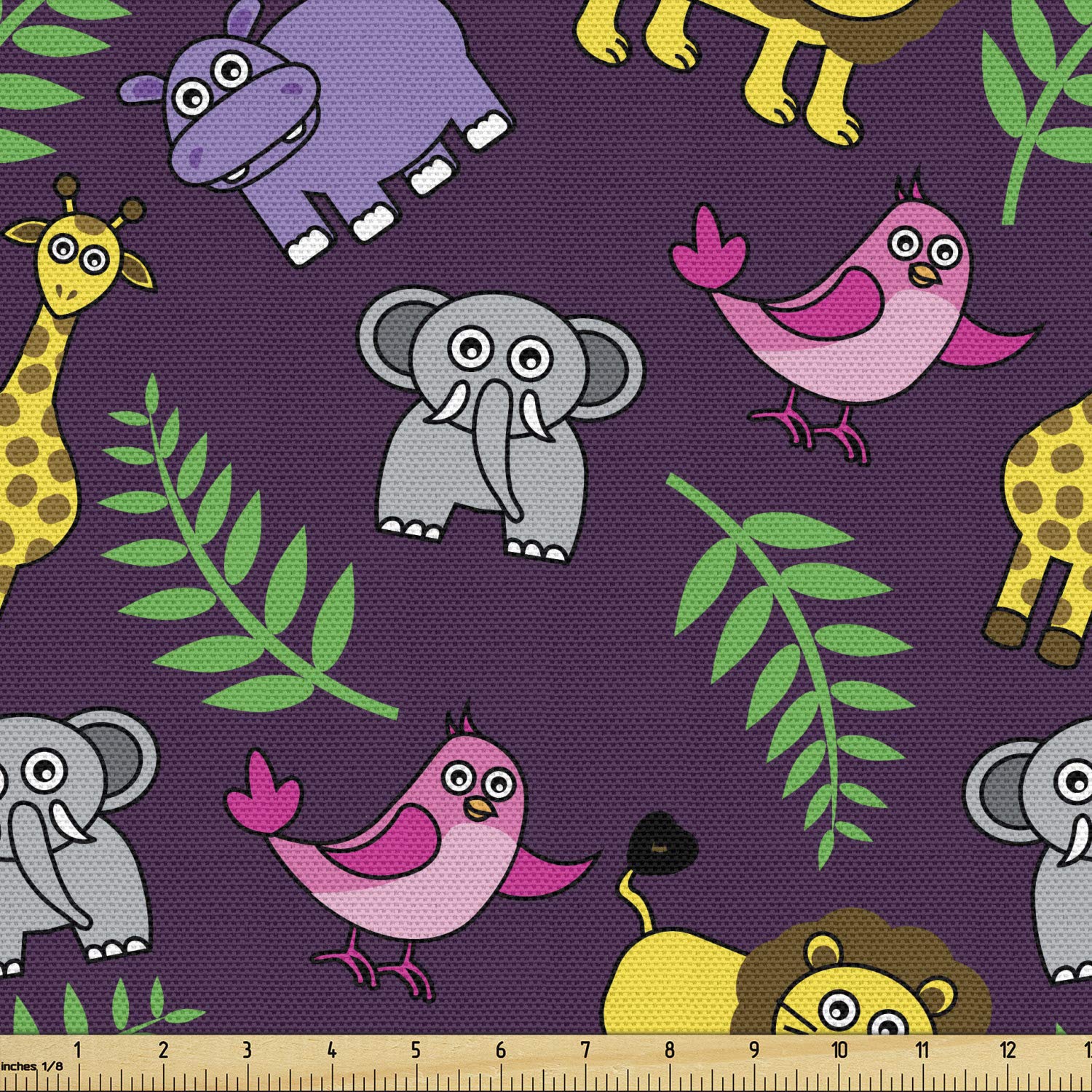 Ambesonne Funny Cartoon Jungle Animals & Palm Leaves Fabric by The Yard - Purple Savannah Theme Decorative Upholstery Material (5 Yards, Multicolor) for DIY Home Decor, Curtains & Pillow Covers