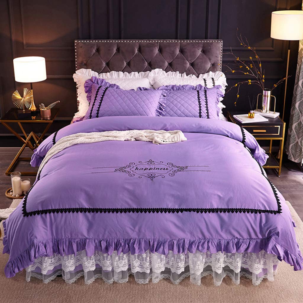 Luxury Queen Size Cotton Quilt Set with Fashion Letter Embroidery - 4-Piece Microfiber Duvet Cover Set (Full/King Size) - 3-Layer Lace Trim - Soft Bedding for Master Bedroom, Guest Room & Cozy Home Decor