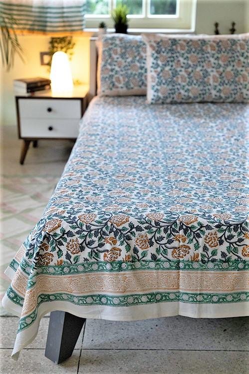 Lively Spring Handblock Printed Cotton Bedsheet - 100% Pure Cotton Handmade Bedding Set for Queen/King Size - Bohemian Style Home Decor for Spring & Summer
