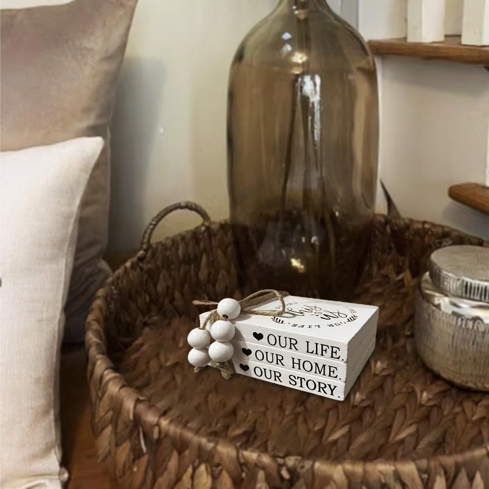 Decorative Fake Books for Home Decor - Farmhouse Style Wood Tiered Tray & Coffee Table Bookshelf Decor - Stacked Book Set for Shelves (White) | Perfect for Living Room, Office & Wedding Centerpieces