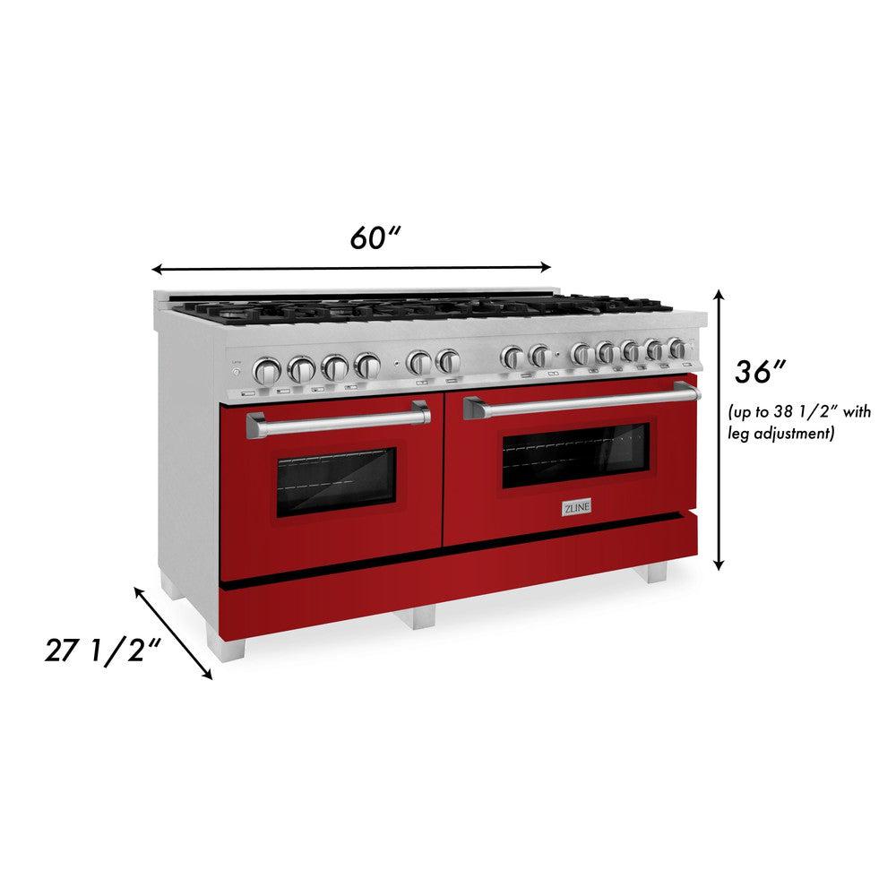 ZLINE 60-inch 7.4 cu. ft. Legacy Dual Fuel Range - 9 Burner Gas Cooktop & 2 Electric Convection Ovens - Satin Stainless Steel with Red Gloss Doors (RAS RG 60) - Perfect for Professional Home Chefs & Modern Kitchens