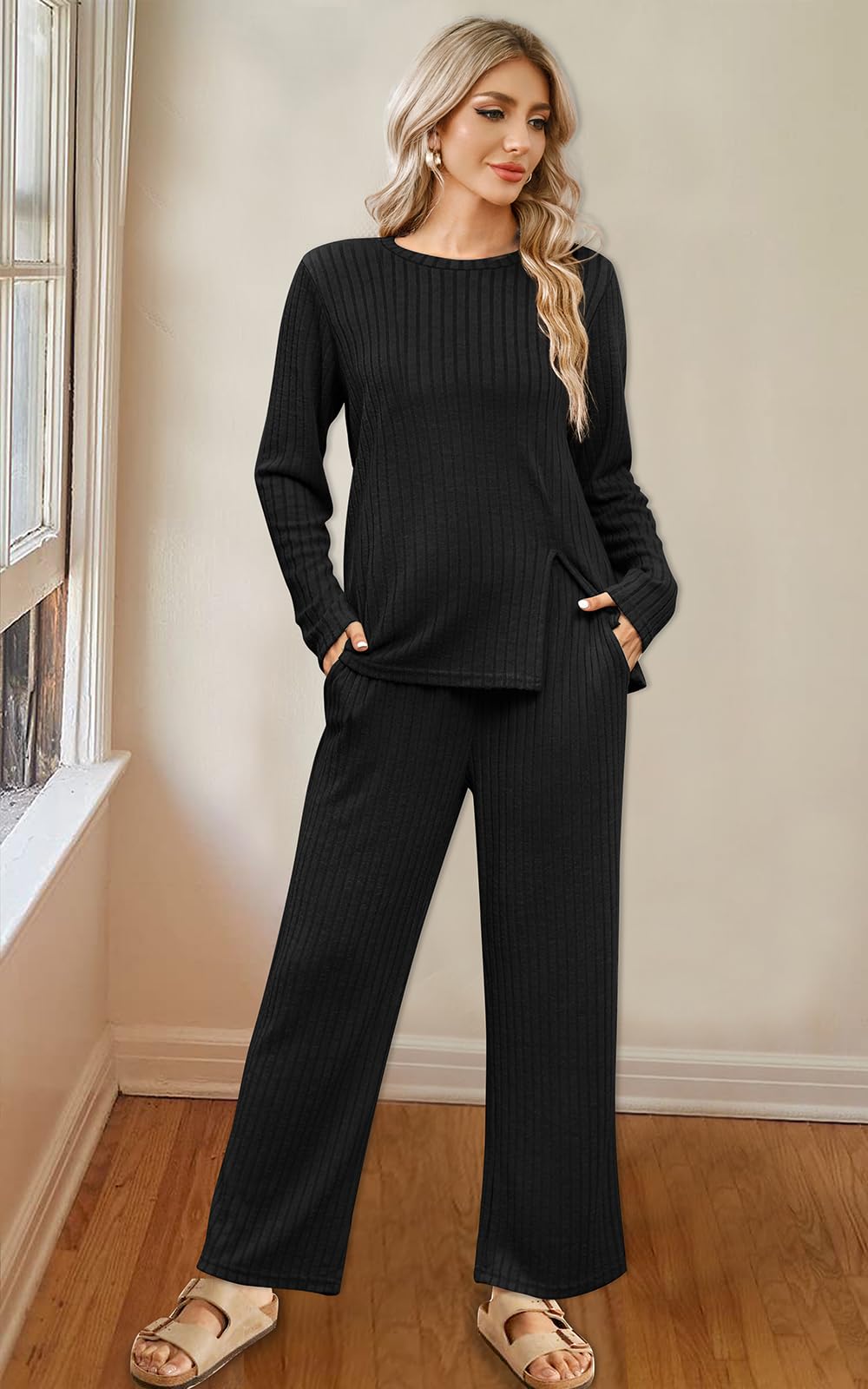 WIHOLL Women's Two Piece Lounge Set - Cozy Sweater & Pants Loungewear with Pockets | Soft Casual Outfit for Home, Yoga & Relaxation