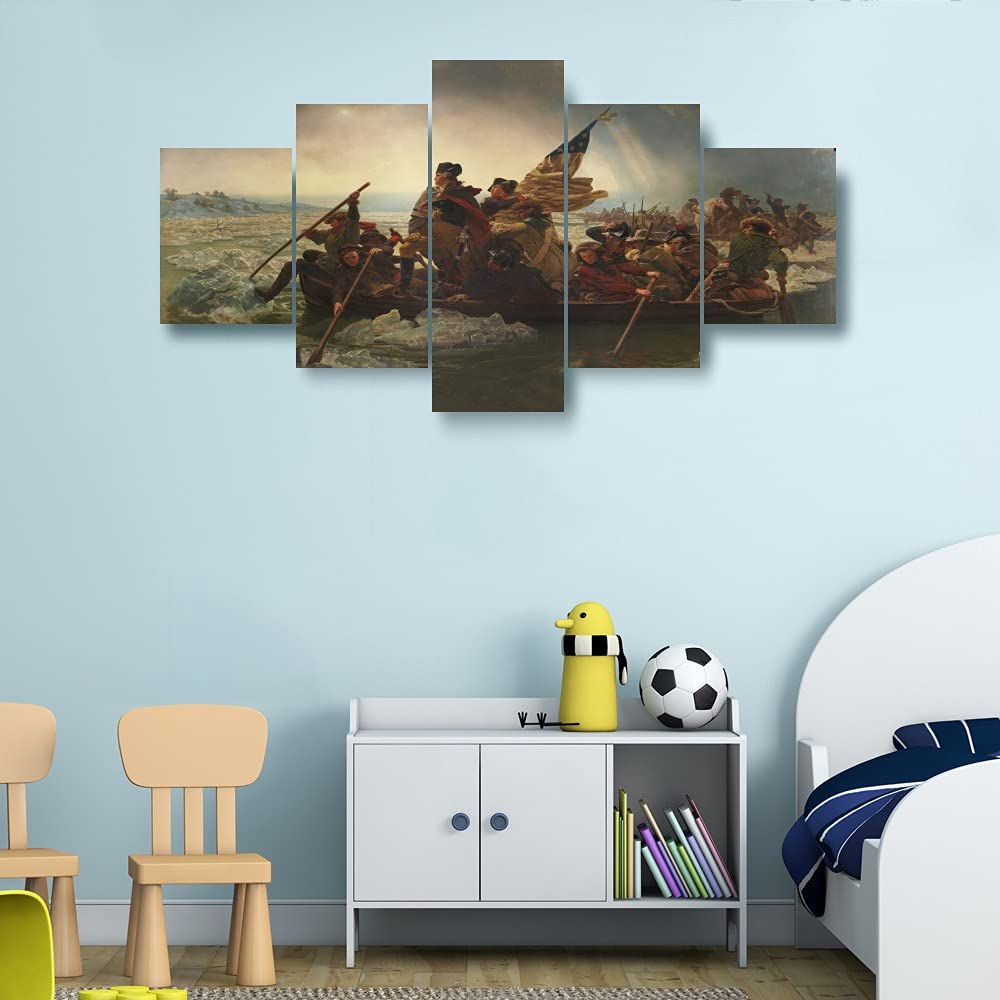 Emanuel Leutz Washington Crossing The Delaware Romanticism Giclee Canvas Art - 5 Panel Framed Wall Decor (40x22 Inch) for Living Room, Bedroom & Office - Historical Painting for Home & Workspace Decor