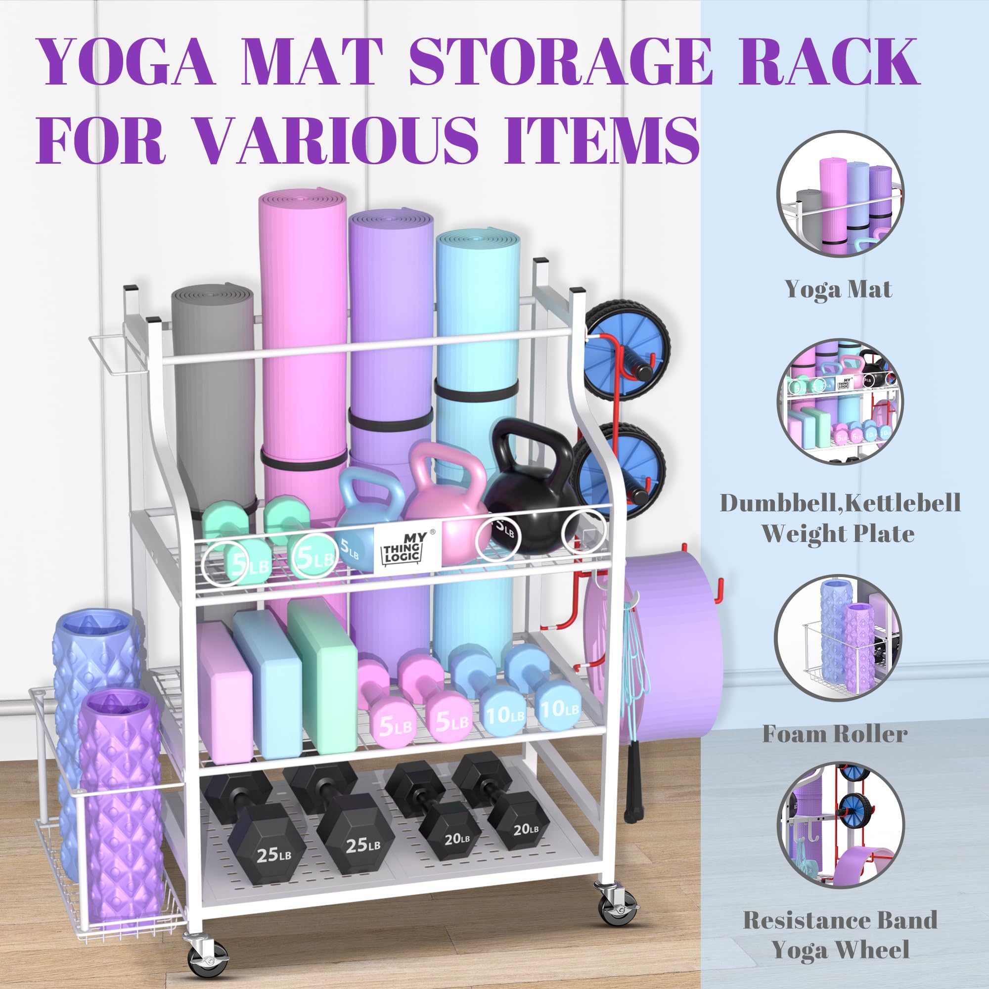 Mythinglogic Yoga Mat & Home Gym Storage Rack - Organizer for Dumbbells, Kettlebells, Foam Rollers, Yoga Straps & Resistance Bands - Heavy Duty Workout Equipment Holder with Hooks & Wheels - Perfect for Home Gym, Yoga Studio & Fitness Room Organization