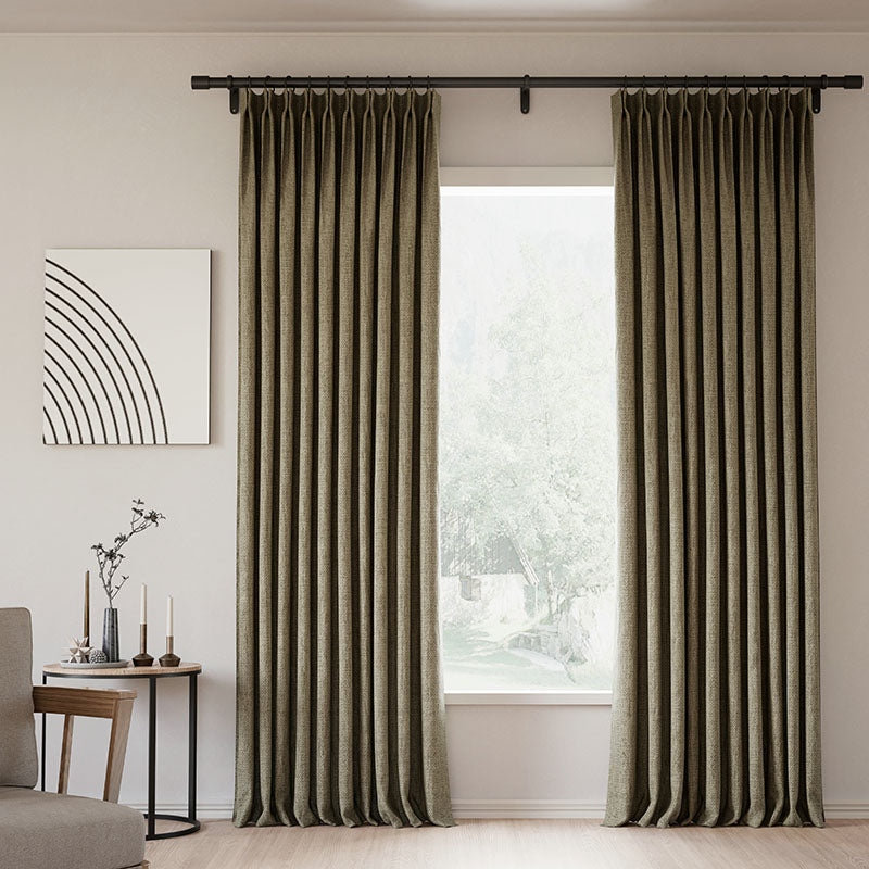 Pinch Pleated Blackout Curtains - Linen Memory Fabric, Natural Oak & Dim Grey - Modern Custom Drapes for Living Room & Bedroom - Light Blocking & Noise Reducing Window Treatments