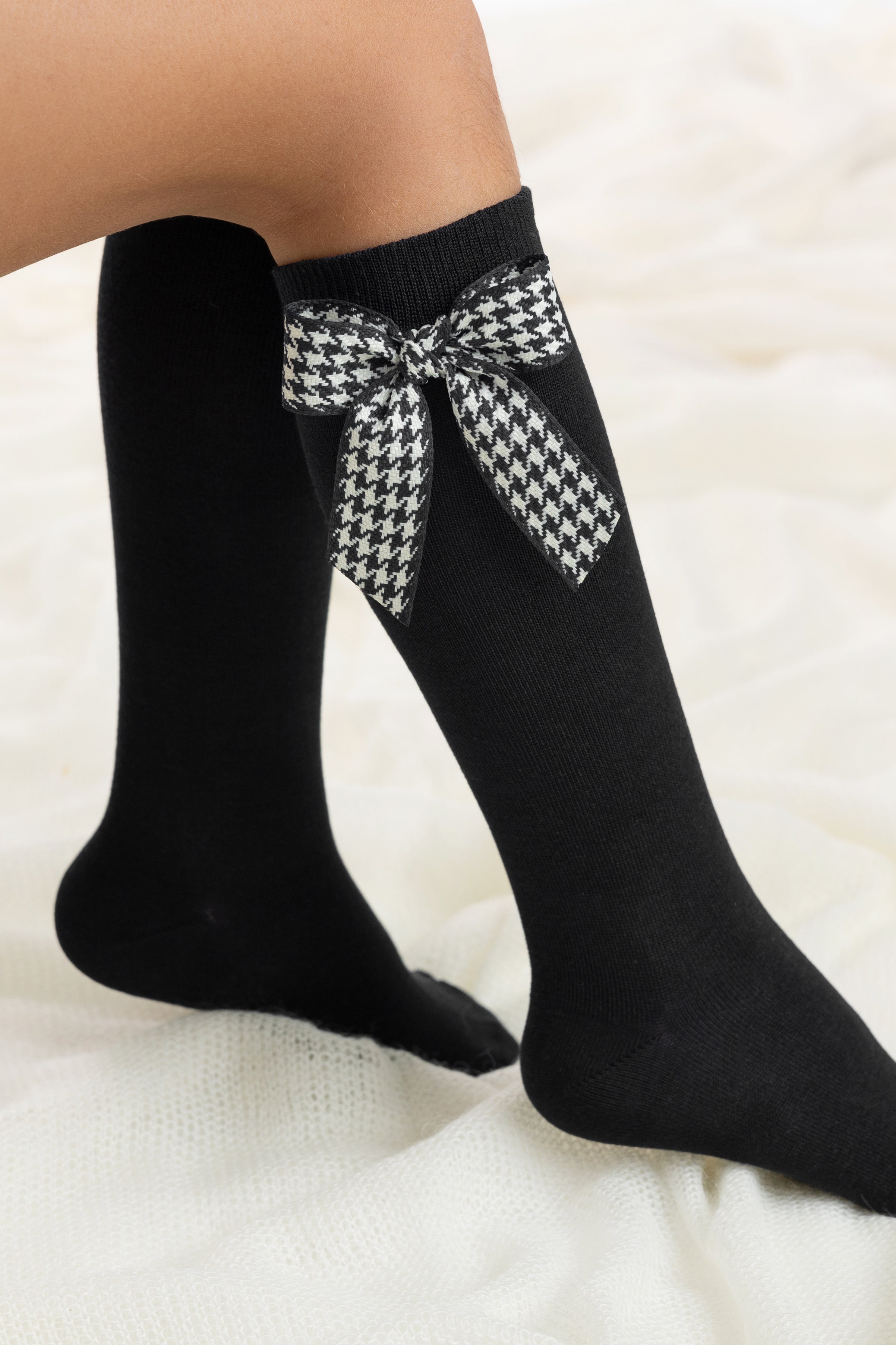 Black Houndstooth Bow Knee High Socks for Women - Fashionable Thigh High Stockings for Outfits, Cosplay & Winter Warmth