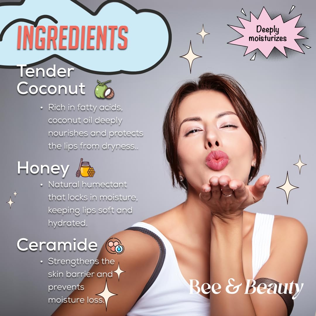 Bee & Beauty Moisturizing Lip Serum Roll On - 5ml | Coconut Infused Hydrating Lip Treatment | Nourishes, Hydrates & Exfoliates Lips | Natural Pink Tint | Unisex Daily Lip Care | Perfect for Dry Lips, Chapped Lips & Pre-Makeup Prep