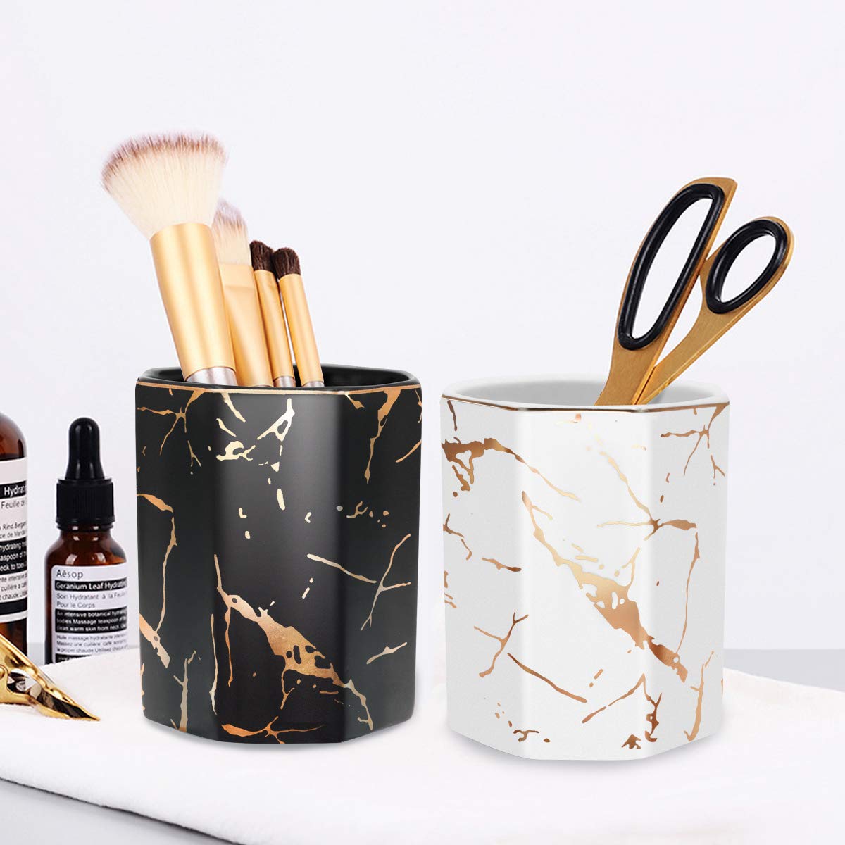 Waveyu Marble Pattern Ceramic Pen Holder & Makeup Brush Organizer - Large Capacity Desk Storage for Office, Home & Kids (Black) | Perfect for School Supplies, Cosmetic Brushes & Stationery Organization