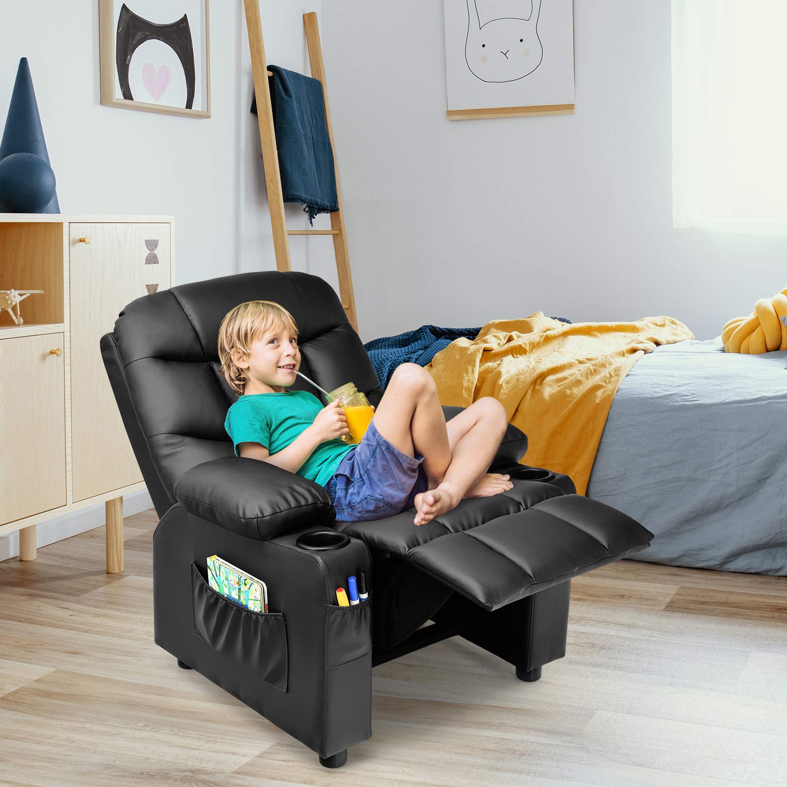 Costzon Kids Recliner Chair with Cup Holder & Footrest - Adjustable Leather Lounge Chair for Boys & Girls with Side Pockets - Ergonomic Toddler Furniture Sofa for Bedroom, Playroom & TV Time (Black)