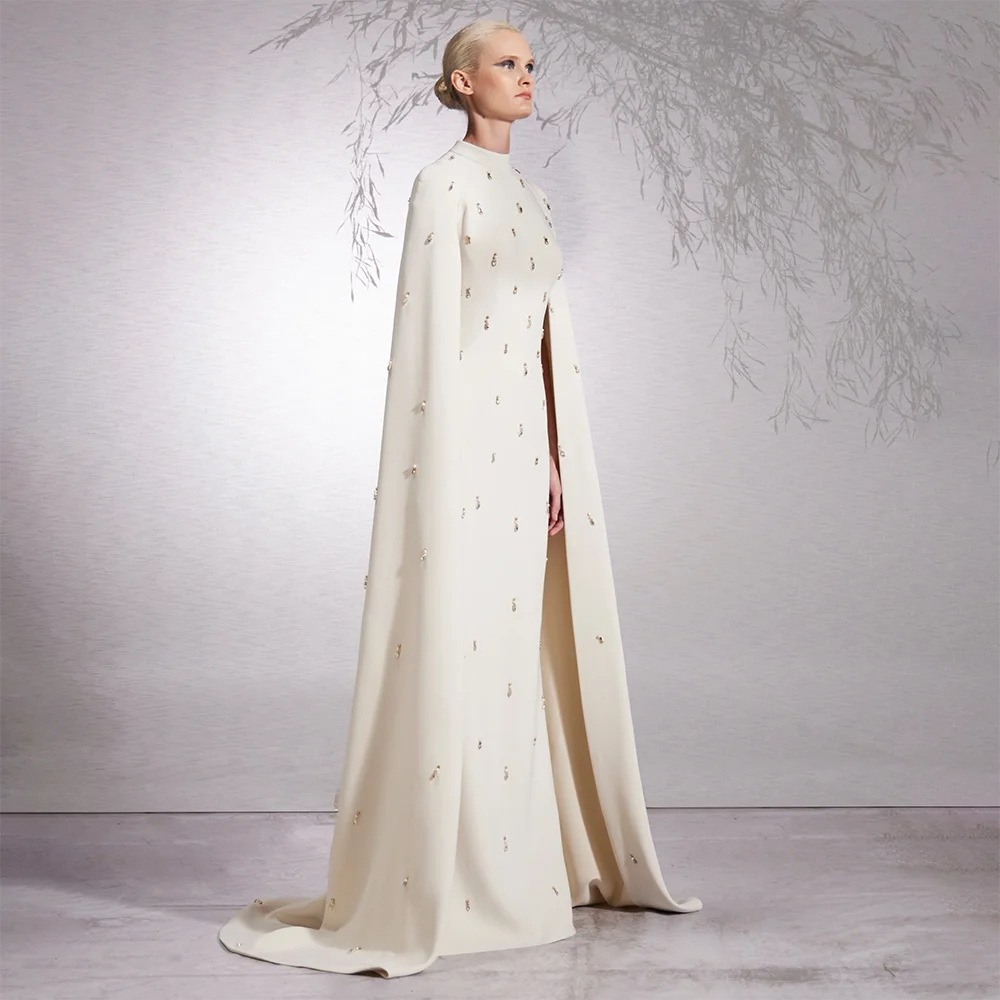 Elegant Arabic White Hijab with Beaded Satin Mermaid Long Cloak - Dubai Evening Dress Gown for Women - Perfect for Parties, Weddings & Special Occasions