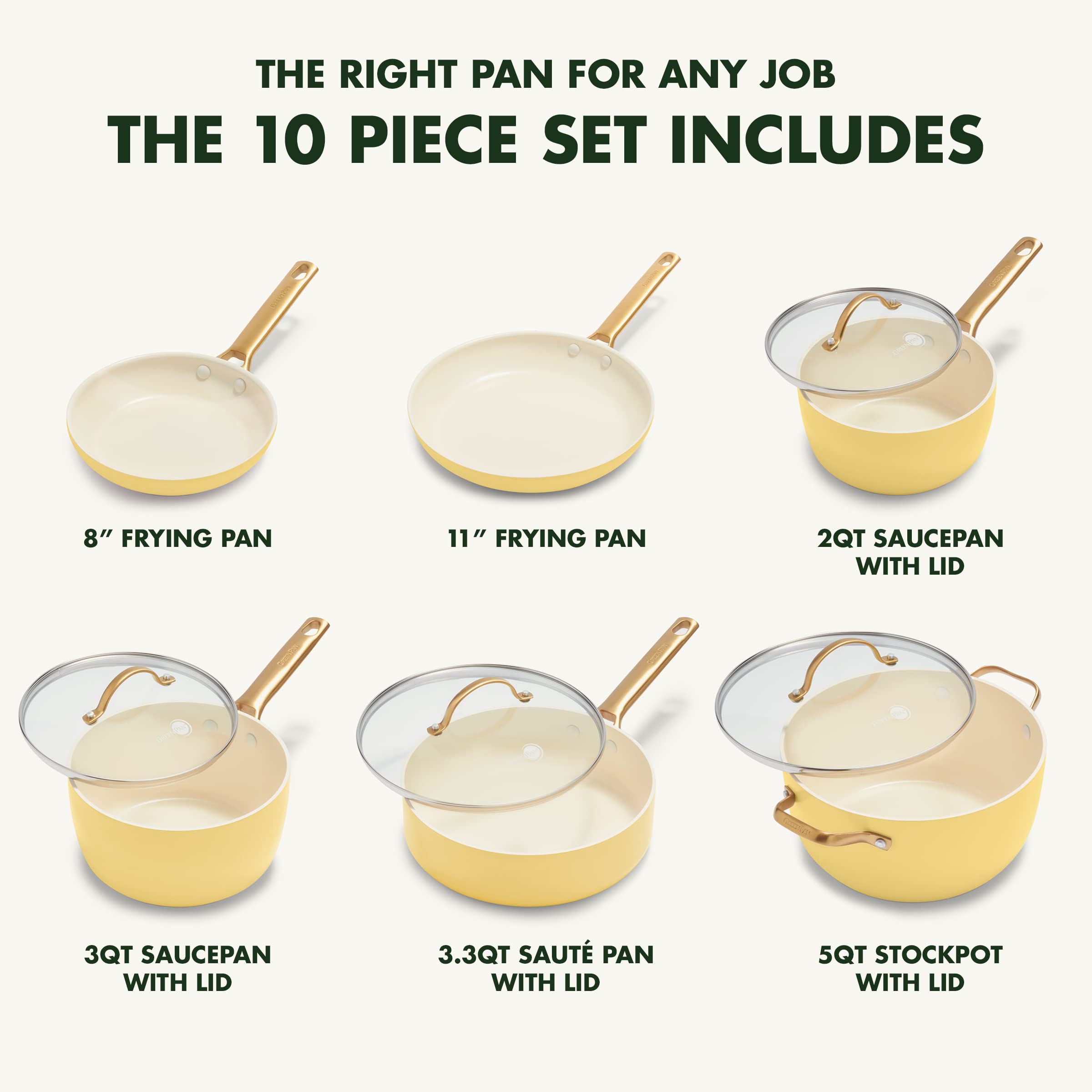 GreenPan Reserve 10-Piece Nonstick Cookware Set - Hard Anodized Healthy Ceramic Coating, PFAS-Free, Gold Handles, Dishwasher & Oven Safe, Sunrise Yellow - Perfect for Healthy Cooking, Frying & Baking at Home