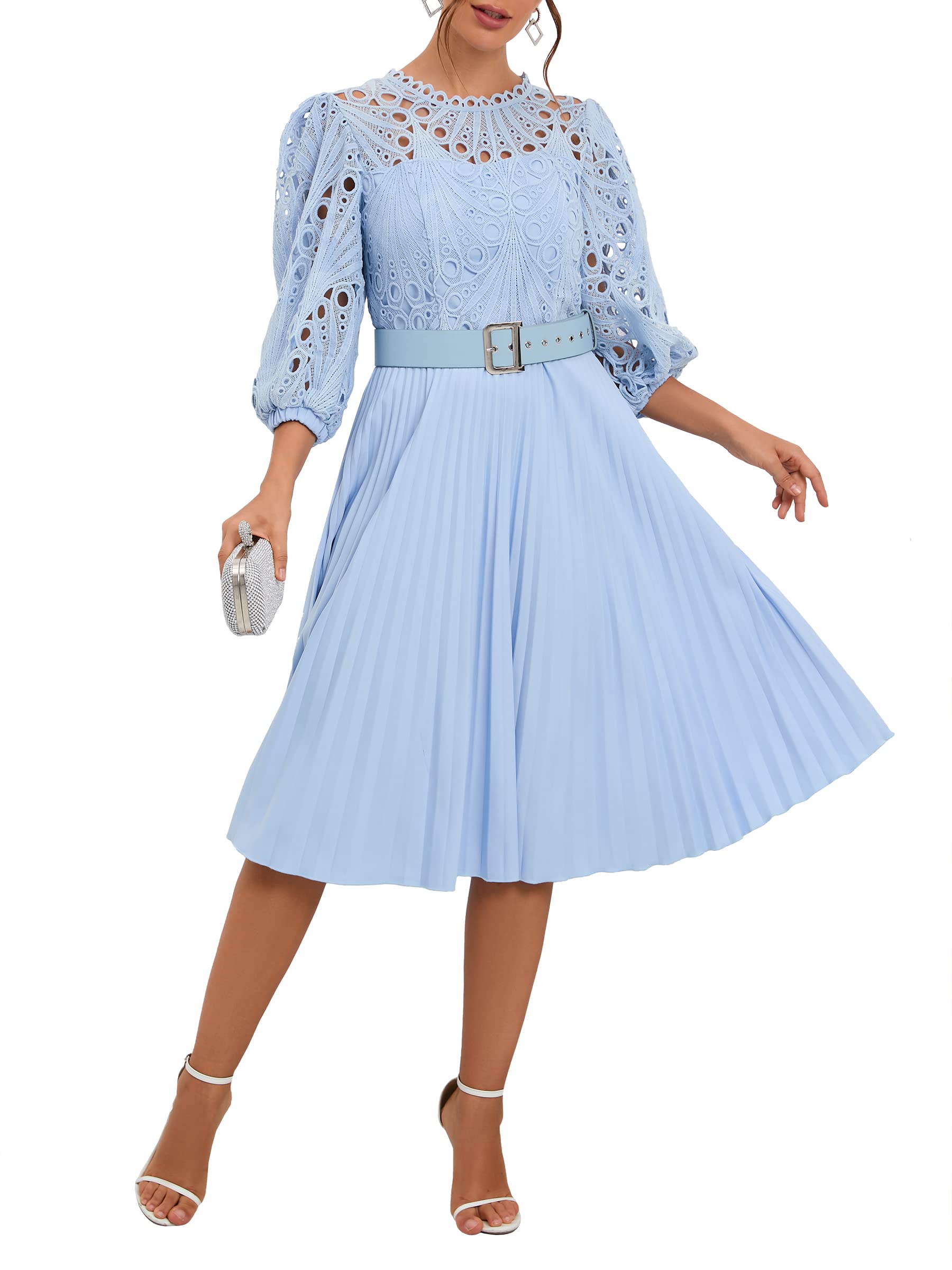 Elegant IWFEV Lace Pleated Midi Dress with Puff Sleeves - Hollow Out Design for Party, Evening Wear & Special Occasions | Perfect for Weddings, Cocktail Events & Date Nights