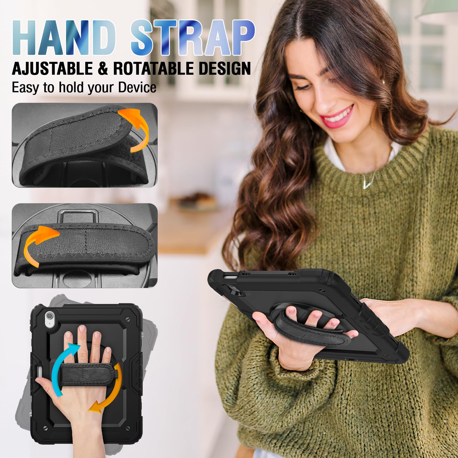 Herize iPad Air 11 Inch Case (2024/2025, 7th/6th Gen) - Shockproof Silicone Cover with Built-in Stand, Screen Protector & Pen Holder | Shoulder Strap Included | Perfect for Work, Travel & Outdoor Use