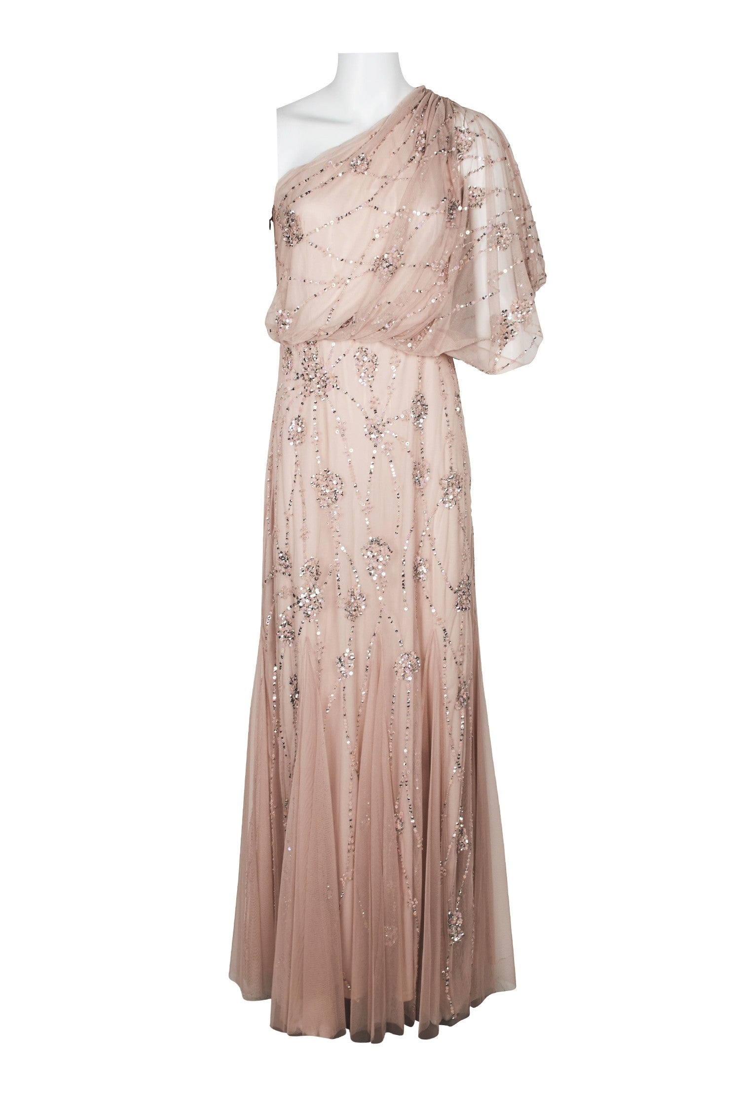 Adrianna Papell One Shoulder Beaded Gown - Elegant Blush Evening Dress for Prom, Wedding & Formal Events