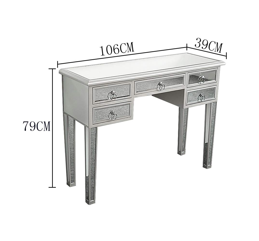 Modern Mirrored Console Table with 5 Drawers - Silver Finish Vanity Desk for Bedroom, Makeup Table & Entryway Decor | Elegant Home Office Furniture & Dressing Table for Women